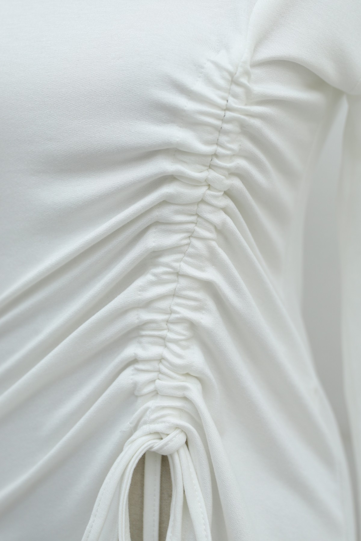 Asymmetrical Front Cut Cotton Sweatshirt with Drawstring Detail -White