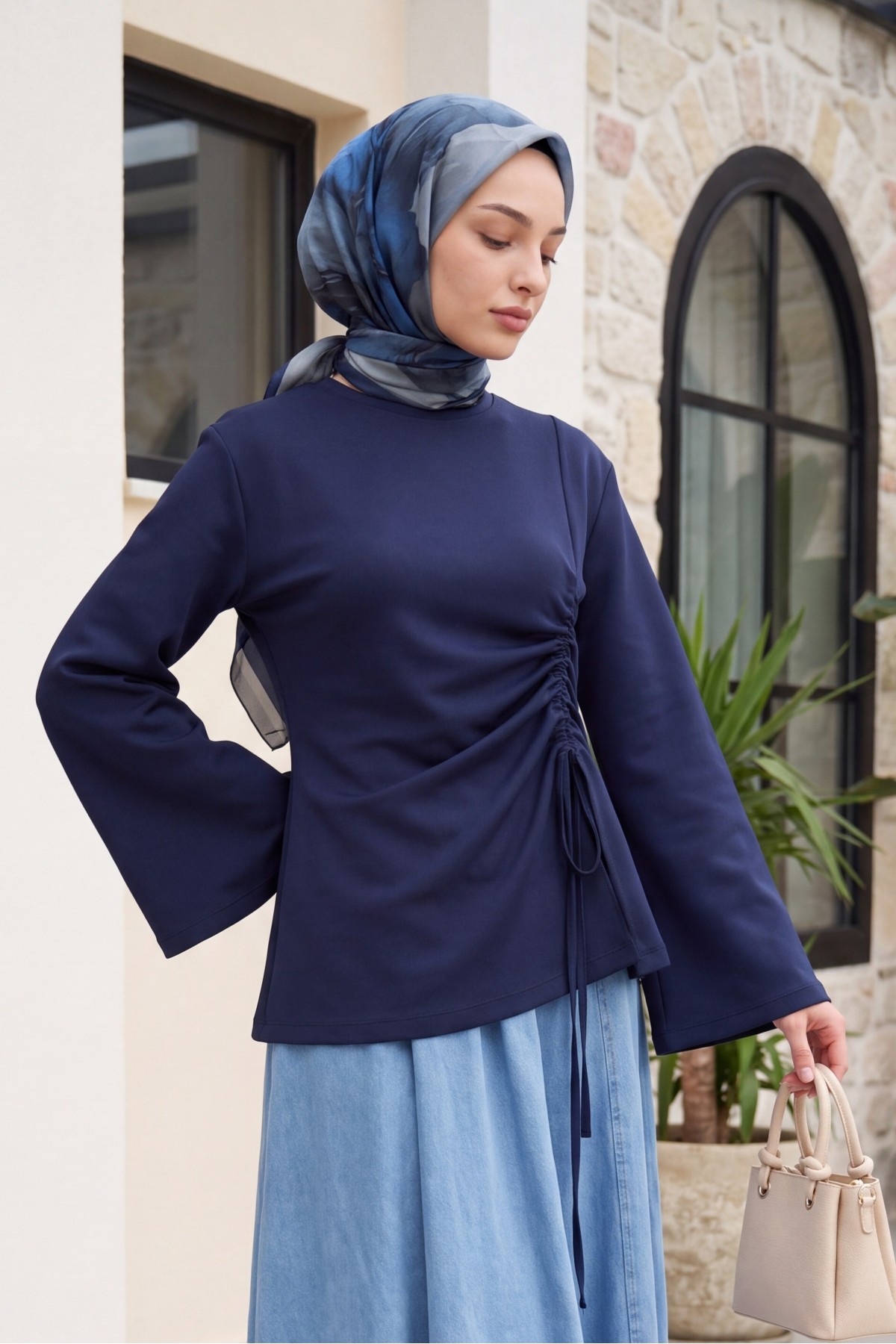 Asymmetrical Front Cut Cotton Sweatshirt with Drawstring Detail -Navy blue