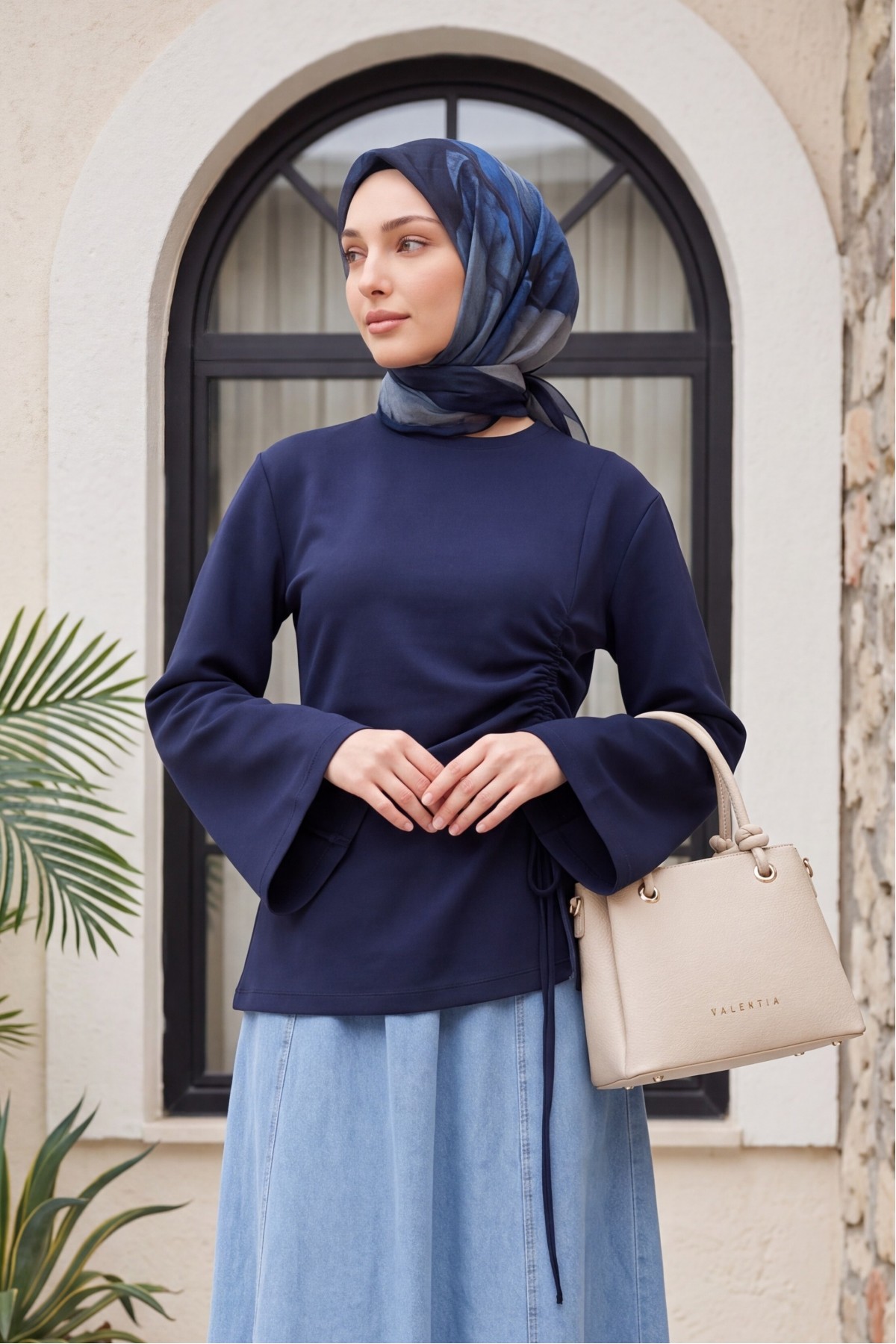 Asymmetrical Front Cut Cotton Sweatshirt with Drawstring Detail -Navy blue