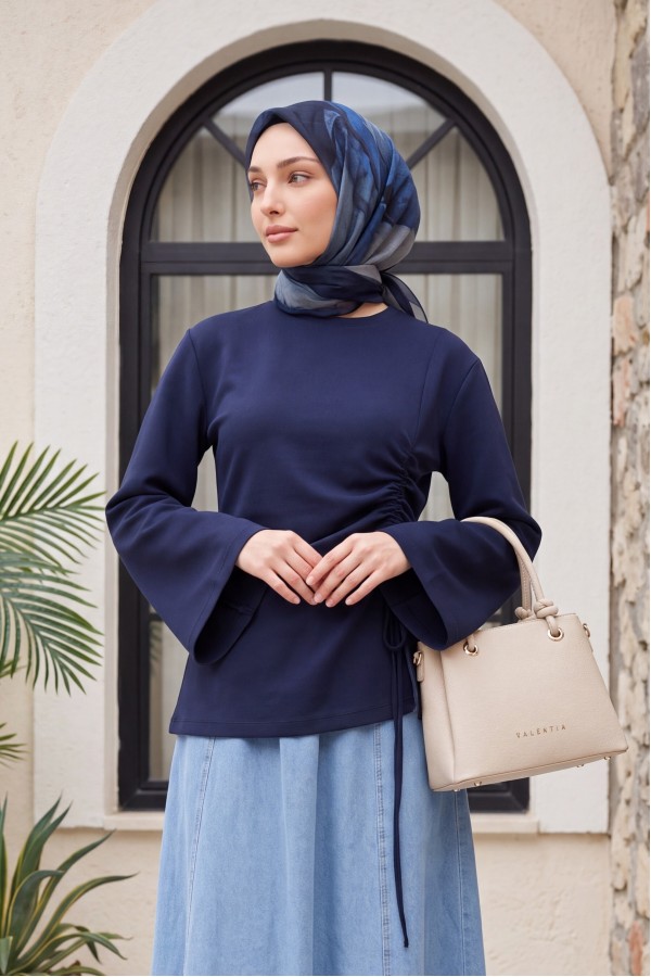 سويت شيرت قطني بقصة أمامية غير متماثلة مع تفاصيل رباط -كحلي