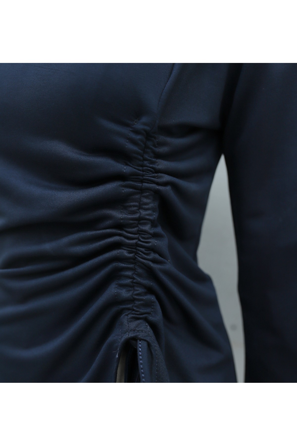 Asymmetrical Front Cut Cotton Sweatshirt with Drawstring Detail -Navy blue