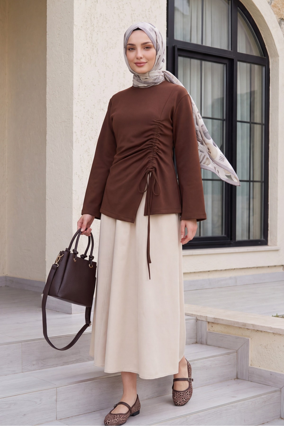 Asymmetrical Front Cut Cotton Sweatshirt with Drawstring Detail -Brown