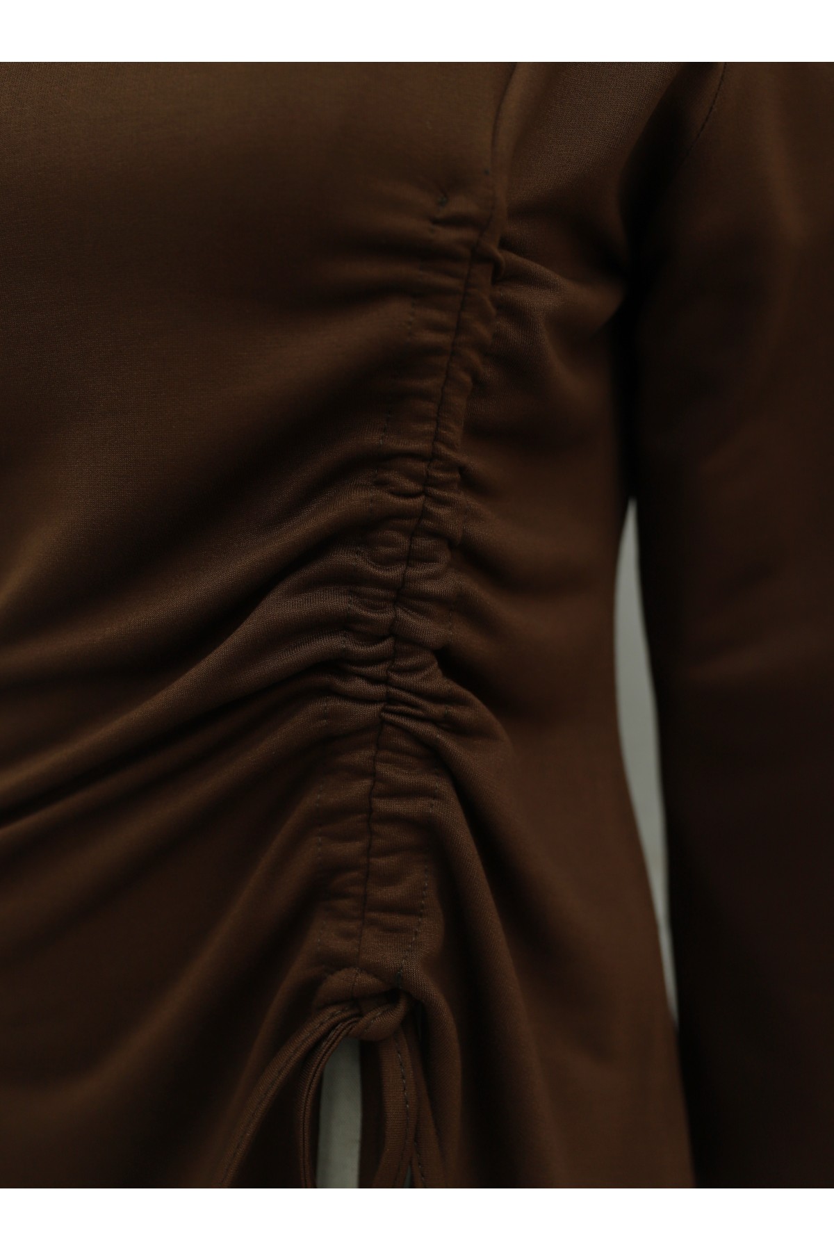 Asymmetrical Front Cut Cotton Sweatshirt with Drawstring Detail -Brown