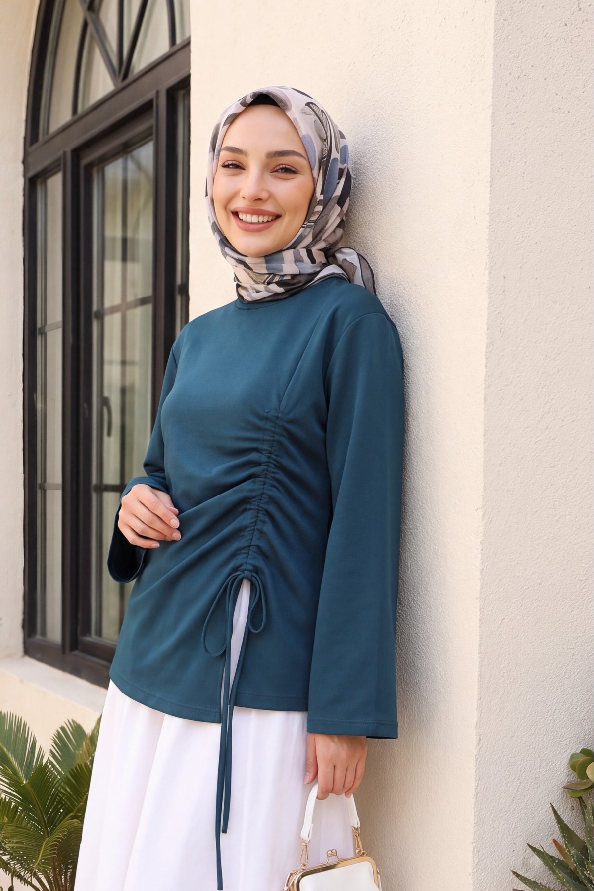 Asymmetrical Front Cut Cotton Sweatshirt with Drawstring Detail -Oil color