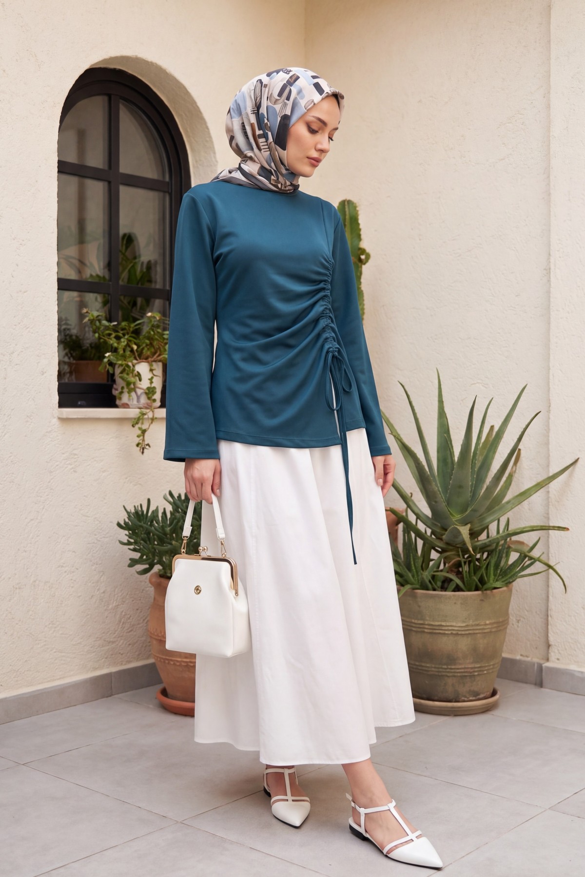 Asymmetrical Front Cut Cotton Sweatshirt with Drawstring Detail -Oil color