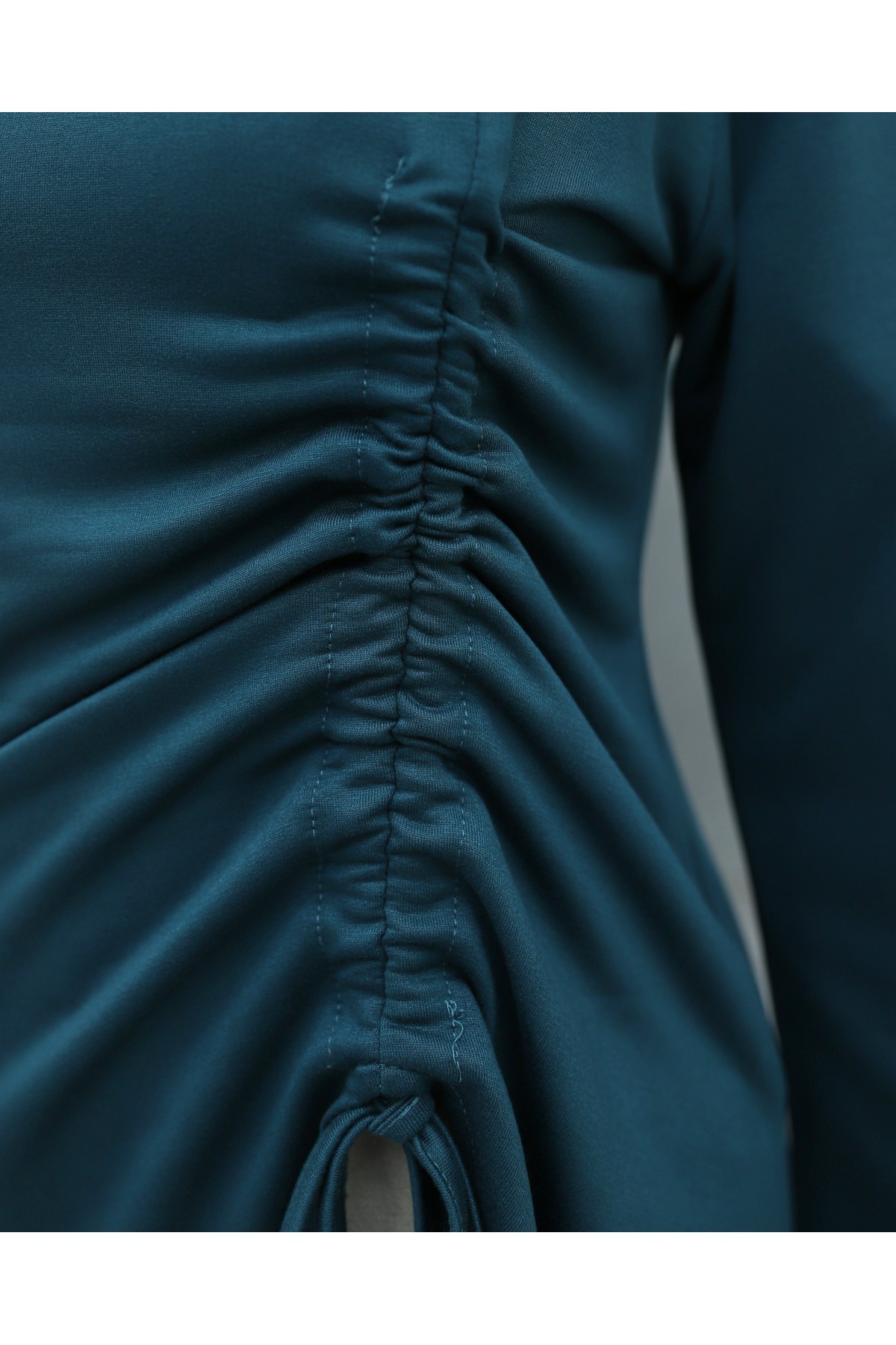 Asymmetrical Front Cut Cotton Sweatshirt with Drawstring Detail -Oil color