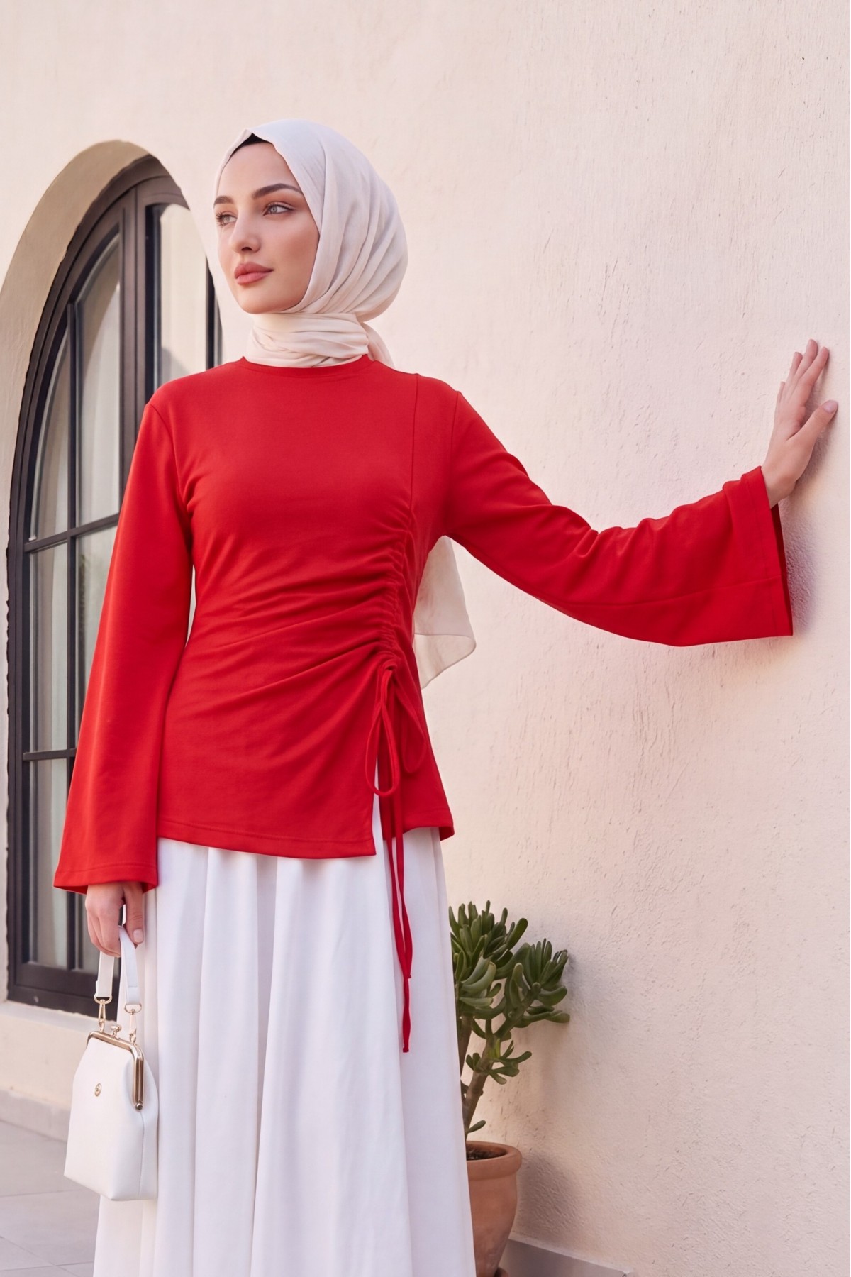 Asymmetrical Front Cut Cotton Sweatshirt with Drawstring Detail -Red