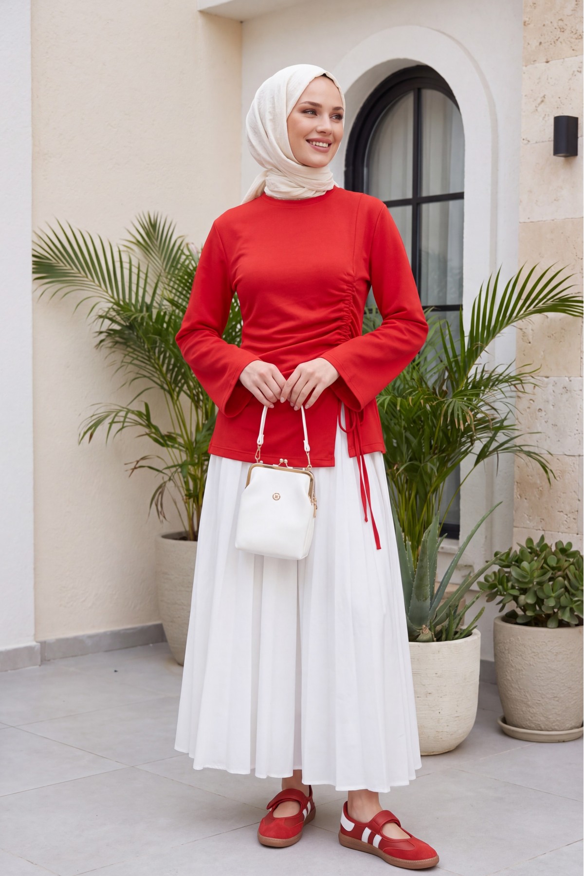 Asymmetrical Front Cut Cotton Sweatshirt with Drawstring Detail -Red