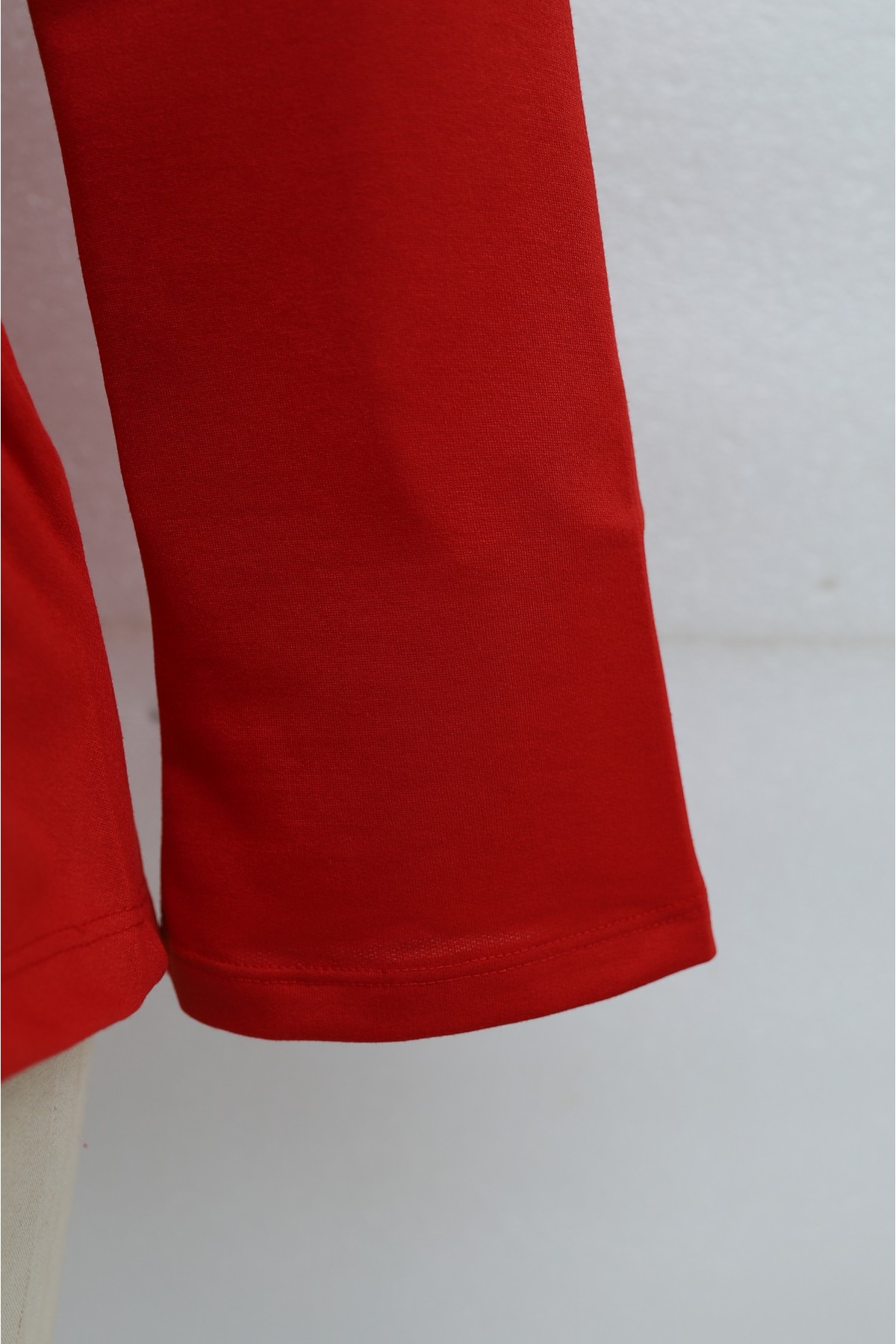 Asymmetrical Front Cut Cotton Sweatshirt with Drawstring Detail -Red