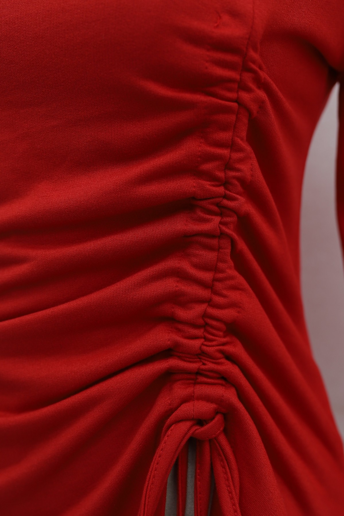 Asymmetrical Front Cut Cotton Sweatshirt with Drawstring Detail -Red