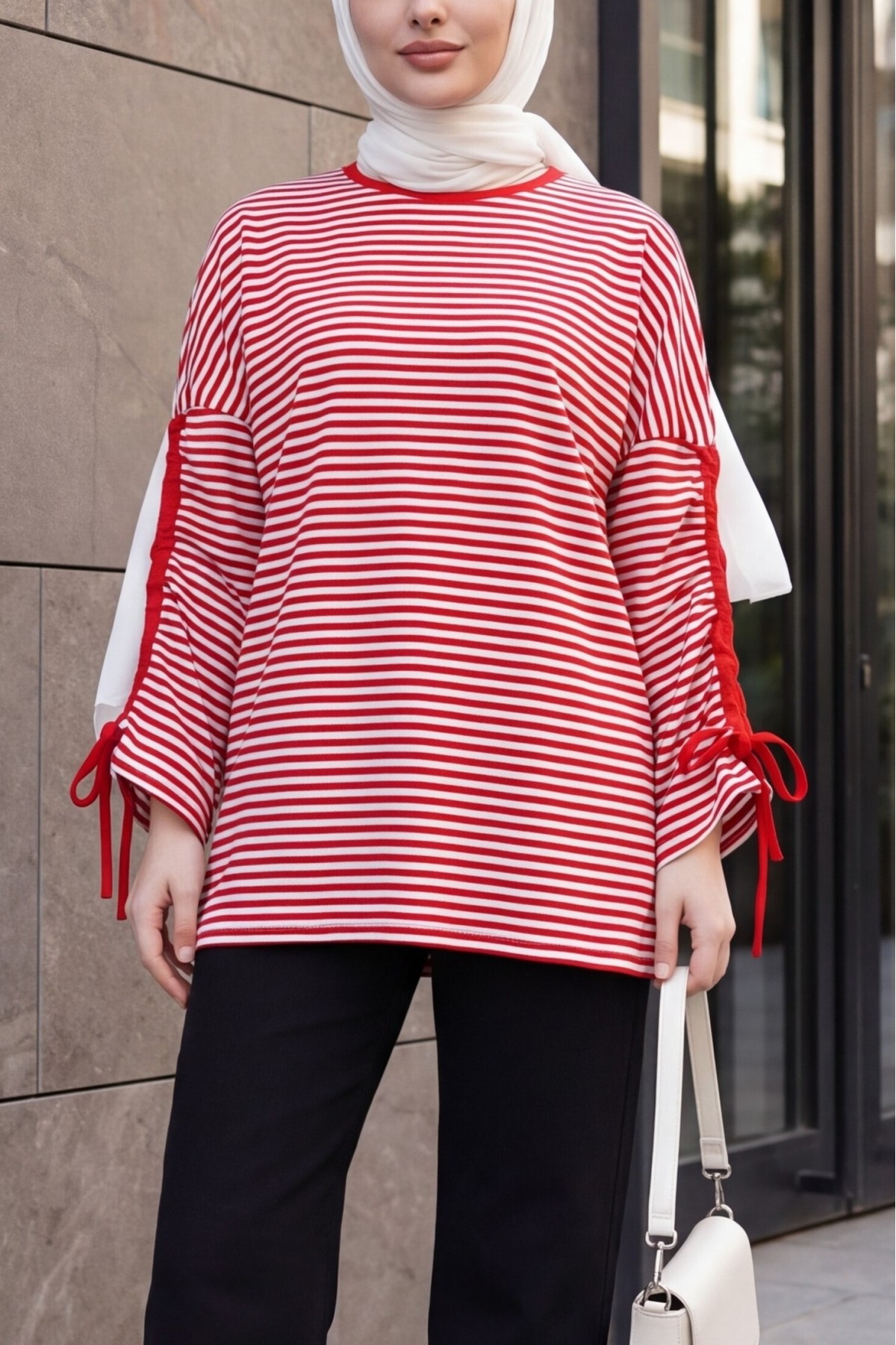 Crew Neck Striped Sweatshirt with Ruched Sleeves -Red