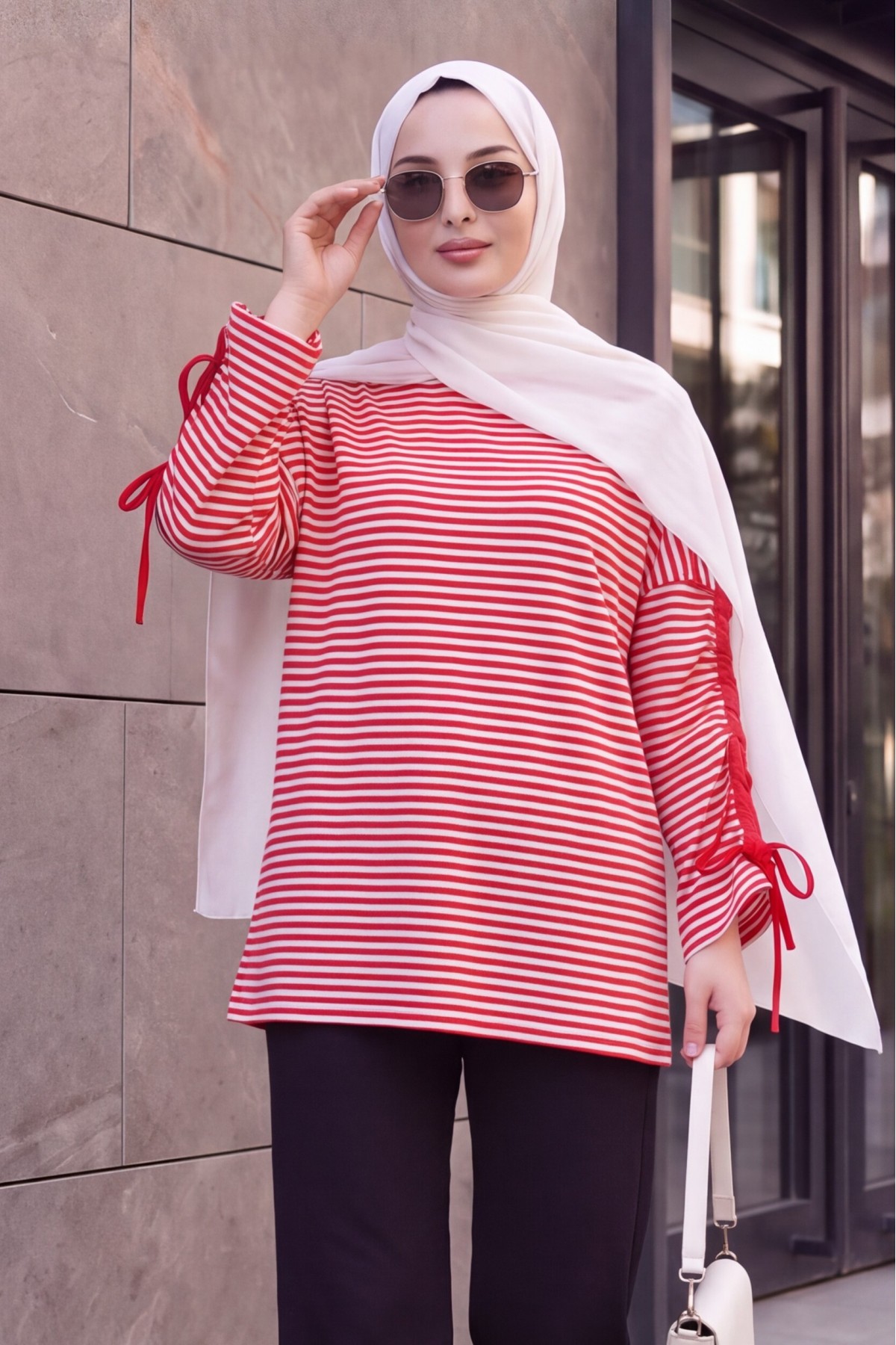 Crew Neck Striped Sweatshirt with Ruched Sleeves -Red