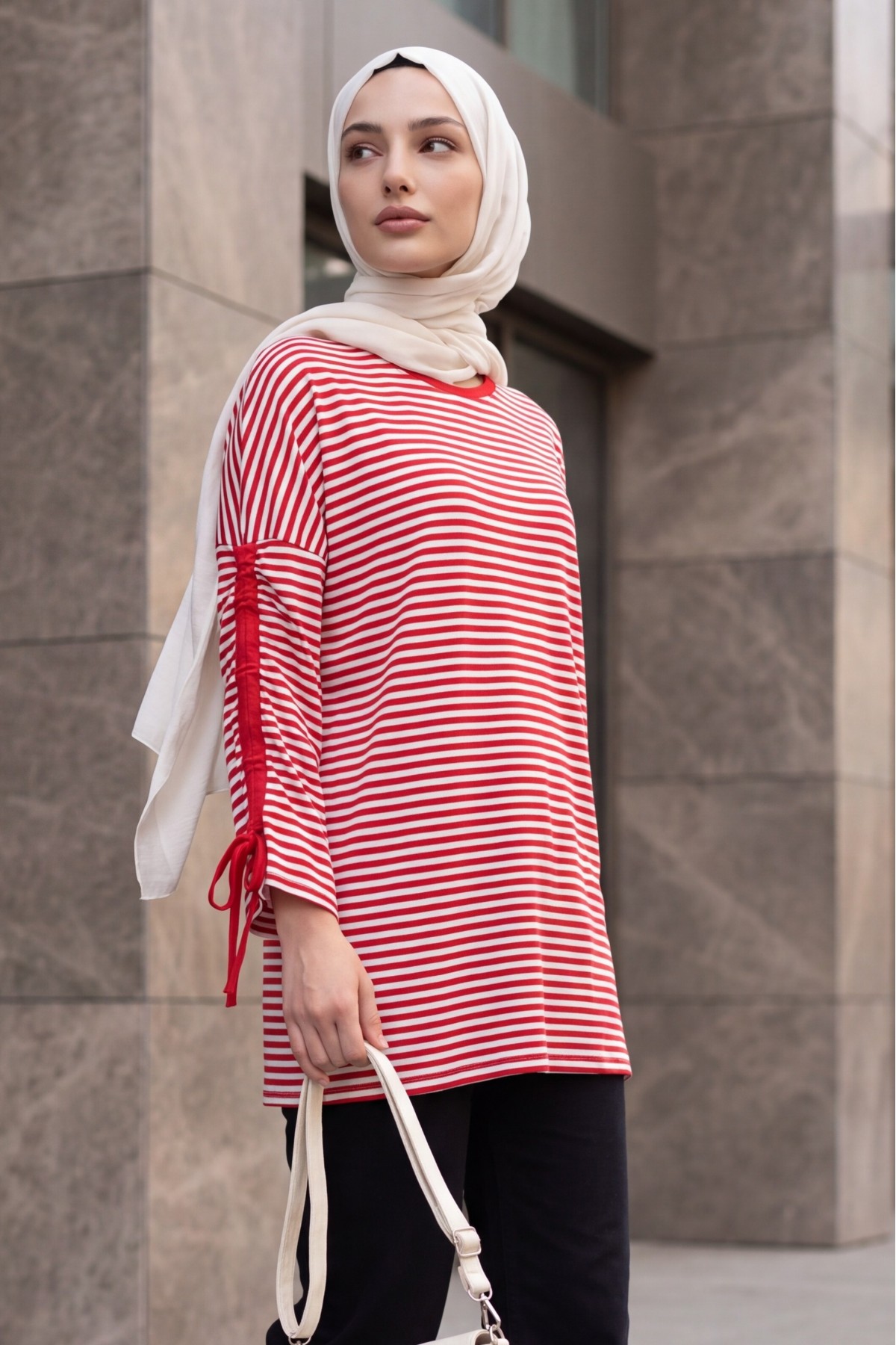 Crew Neck Striped Sweatshirt with Ruched Sleeves -Red