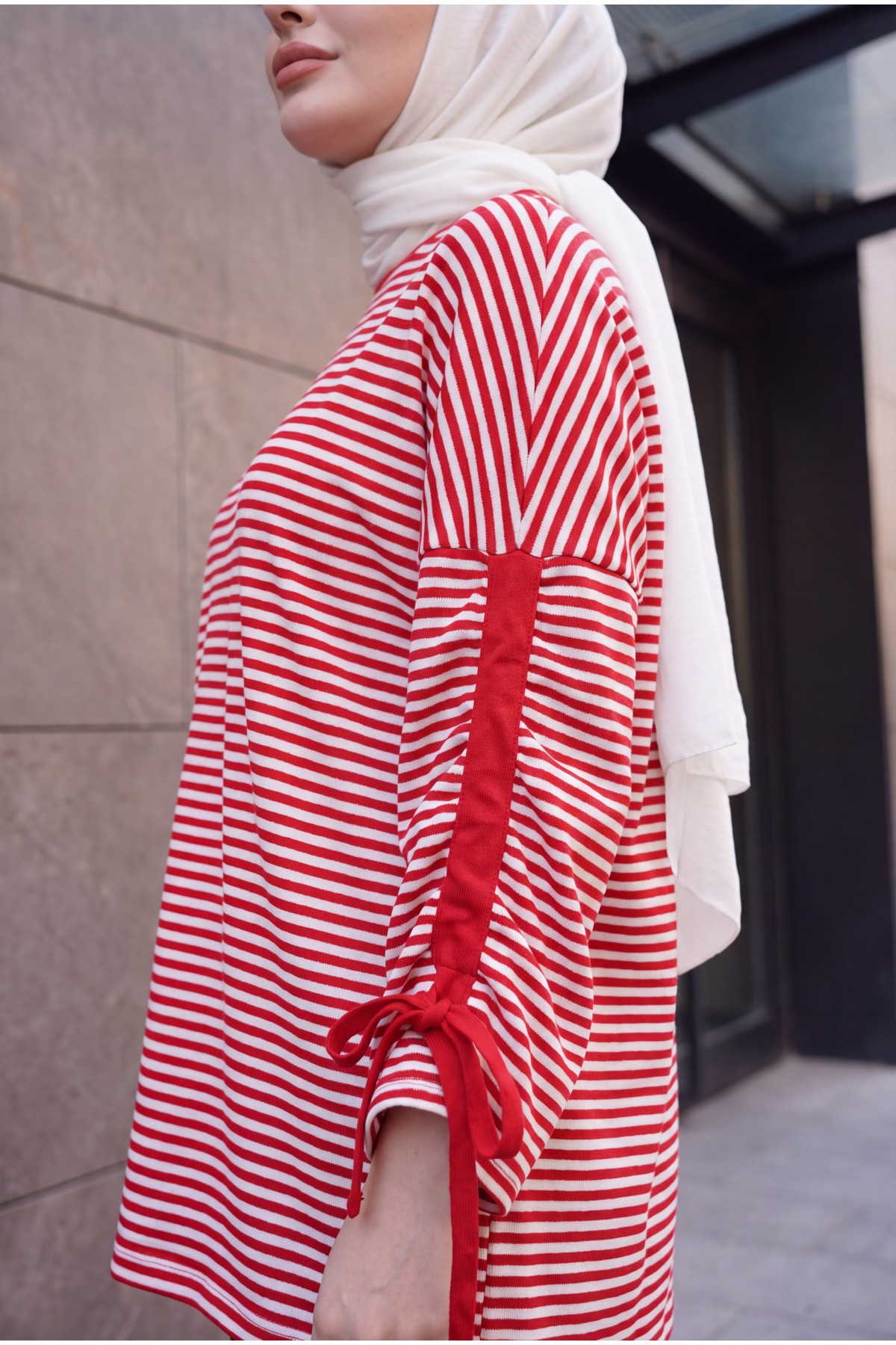 Crew Neck Striped Sweatshirt with Ruched Sleeves -Red