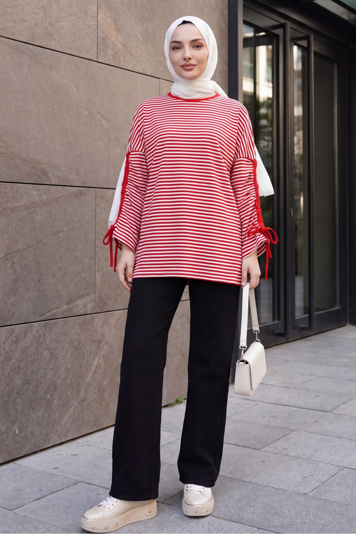 Crew Neck Striped Sweatshirt with Ruched Sleeves -Red