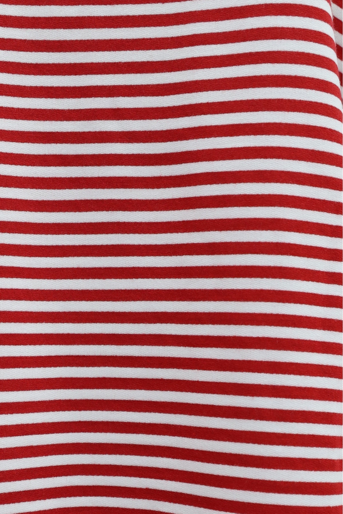 Crew Neck Striped Sweatshirt with Ruched Sleeves -Red