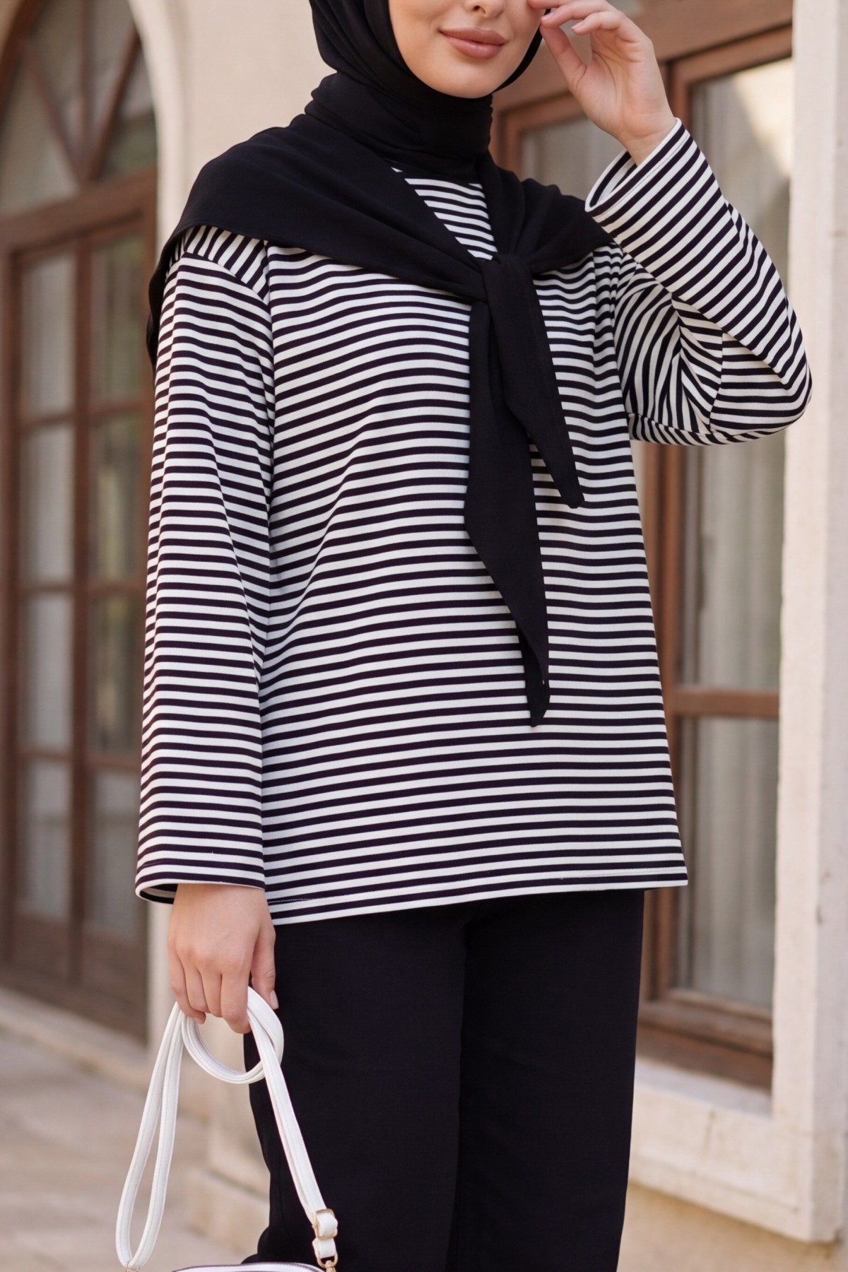 Fine-Striped Wide-Sleeve Crew-Neck Sweatshirt with Scarf Detail -Black
