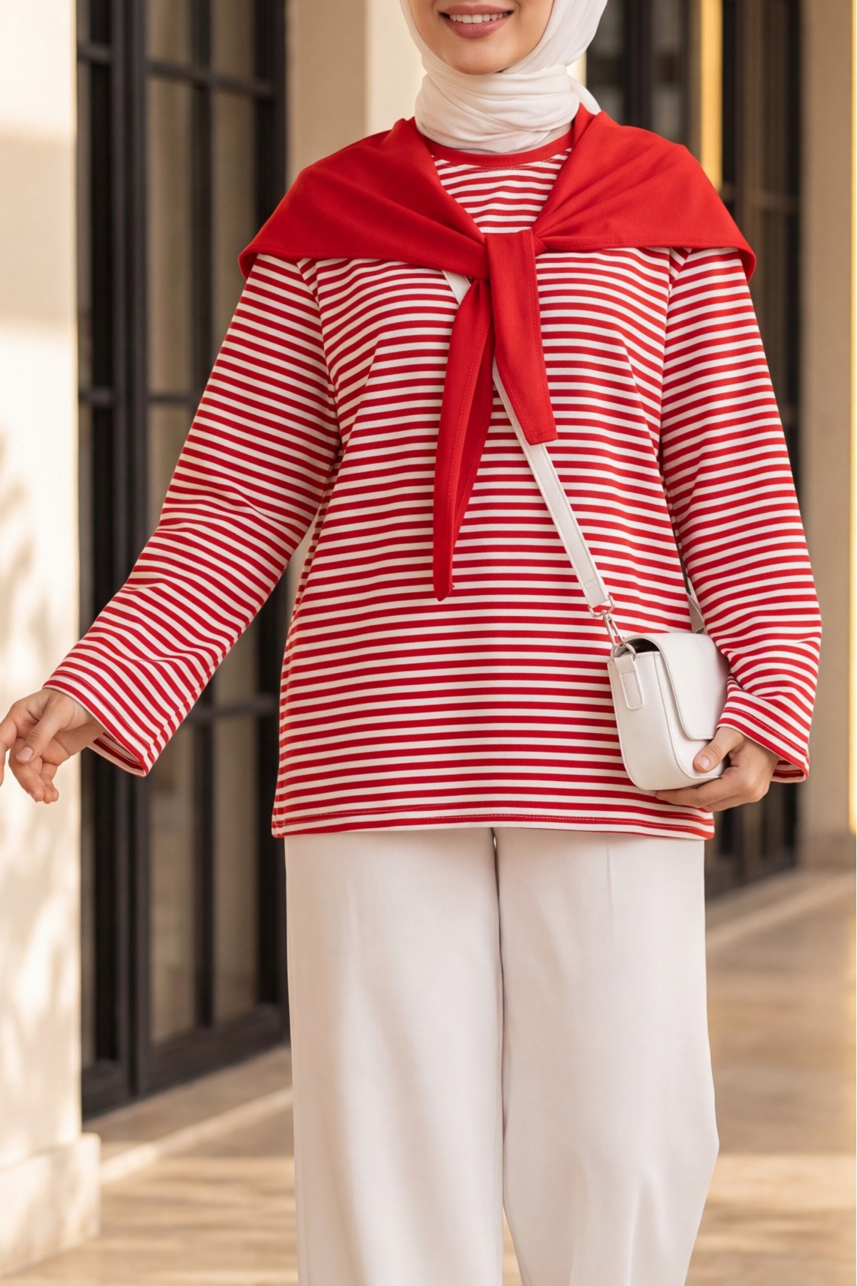 Fine-Striped Wide-Sleeve Crew-Neck Sweatshirt with Scarf Detail -Red