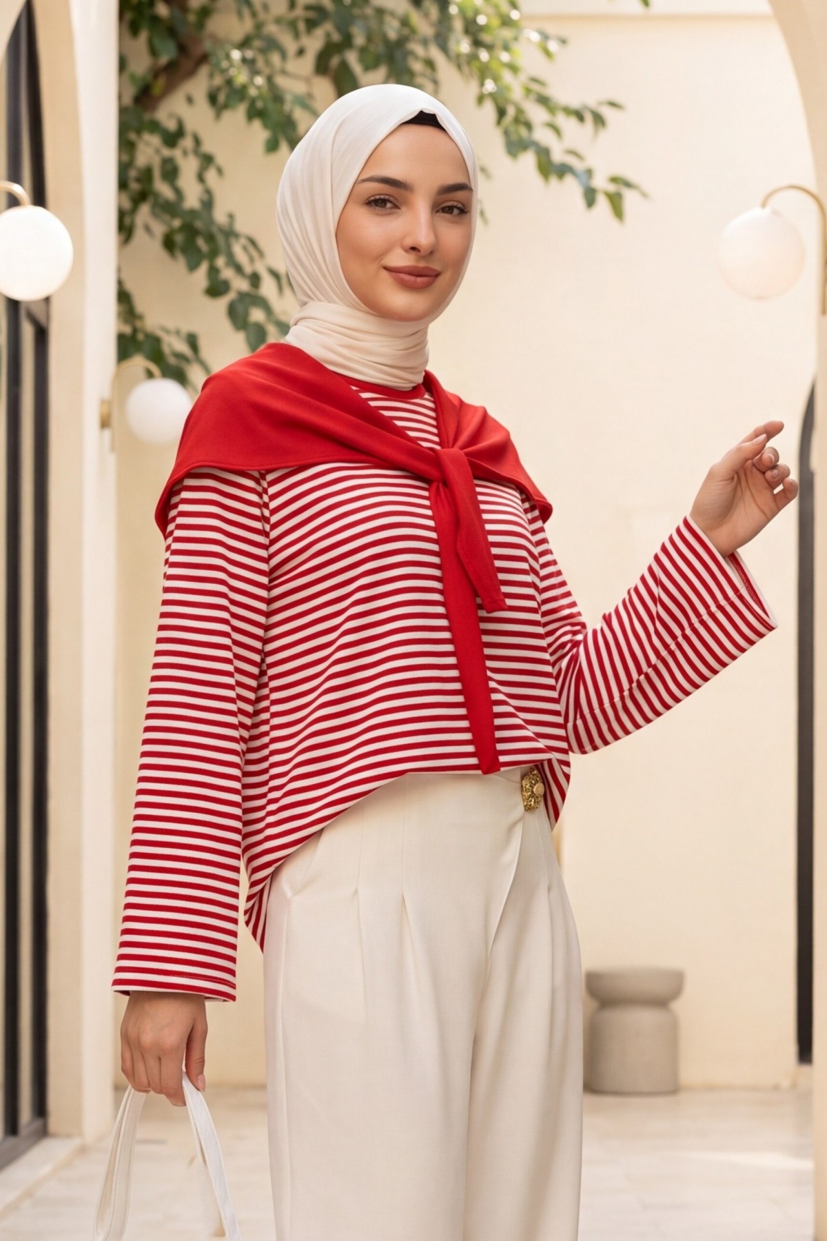 Fine-Striped Wide-Sleeve Crew-Neck Sweatshirt with Scarf Detail -Red