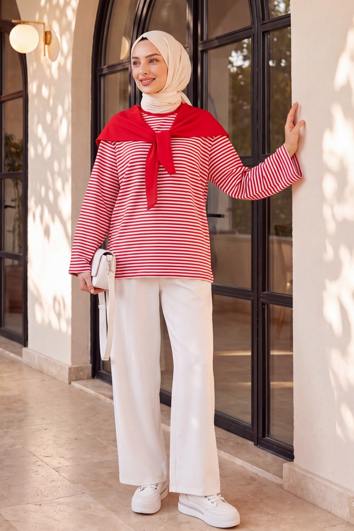 Fine-Striped Wide-Sleeve Crew-Neck Sweatshirt with Scarf Detail -Red