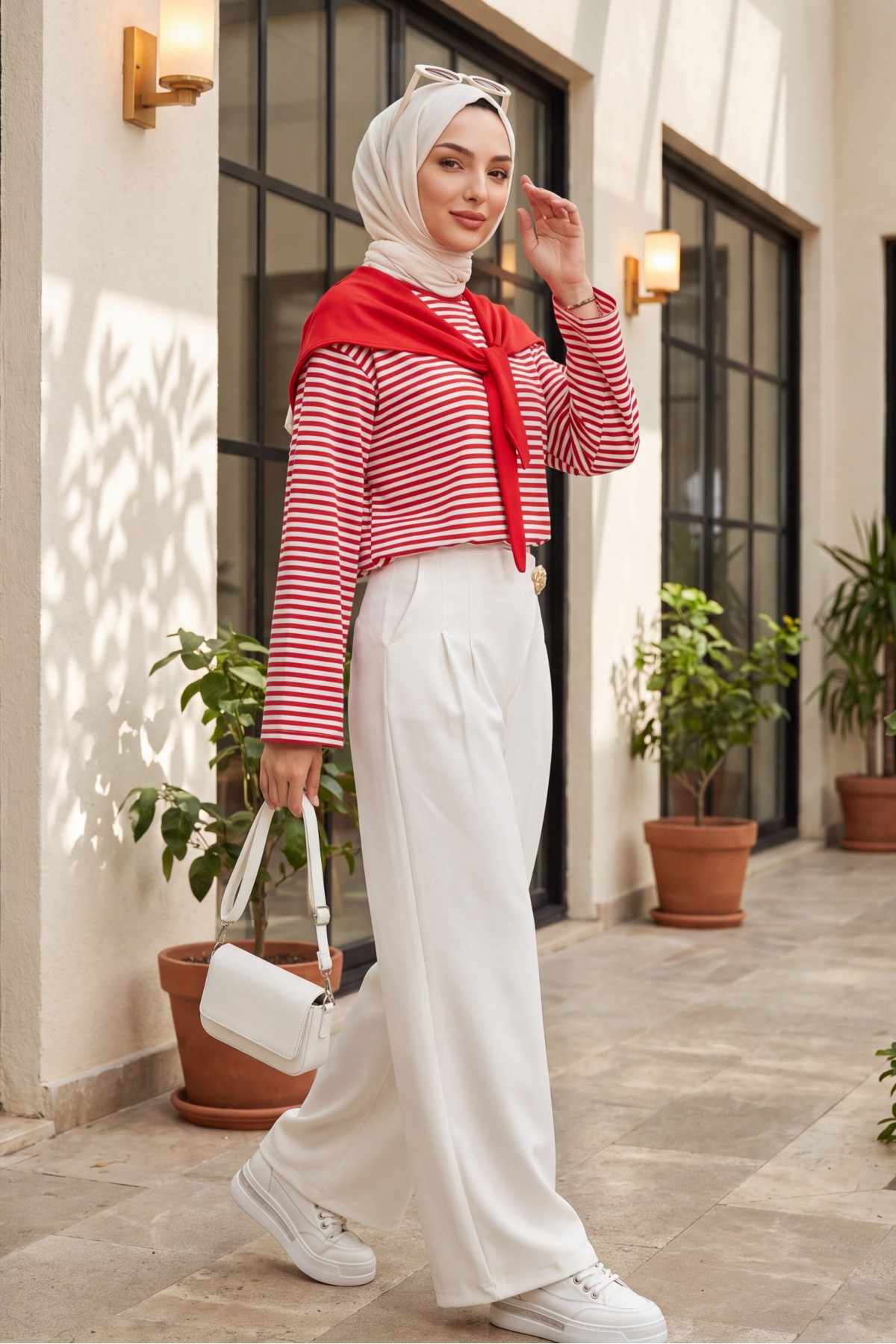 Fine-Striped Wide-Sleeve Crew-Neck Sweatshirt with Scarf Detail -Red