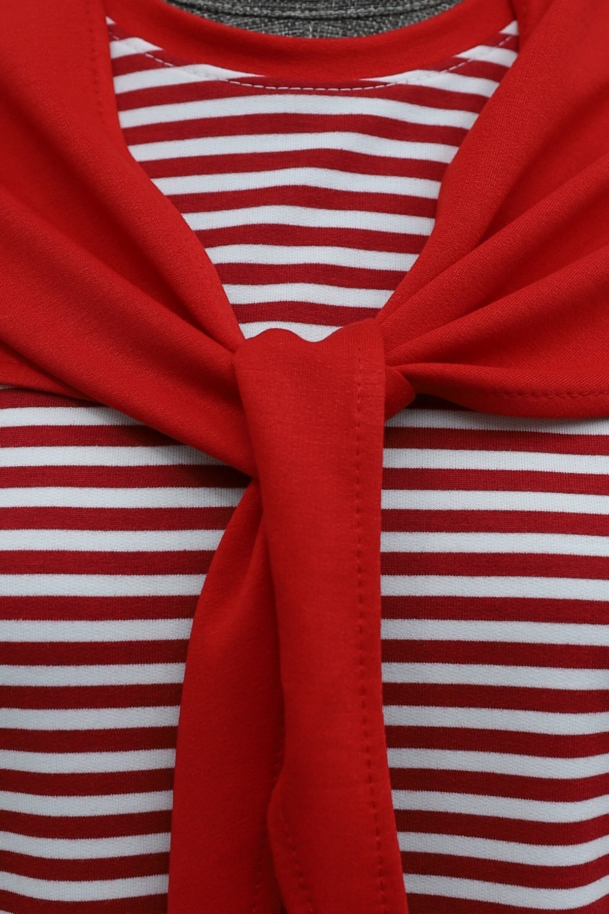 Fine-Striped Wide-Sleeve Crew-Neck Sweatshirt with Scarf Detail -Red