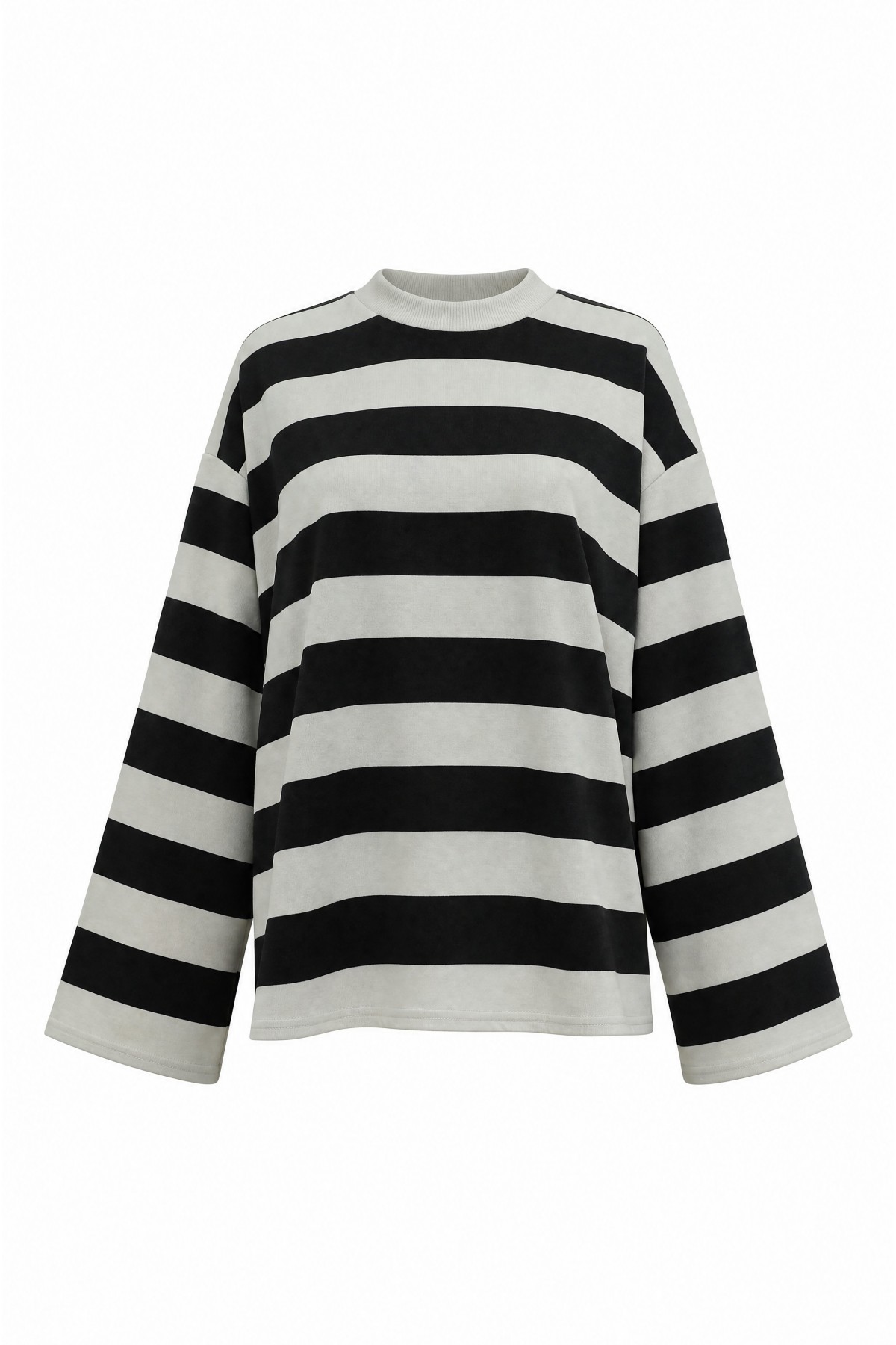 Crew Neck Thick-Striped Sweatshirt -Black