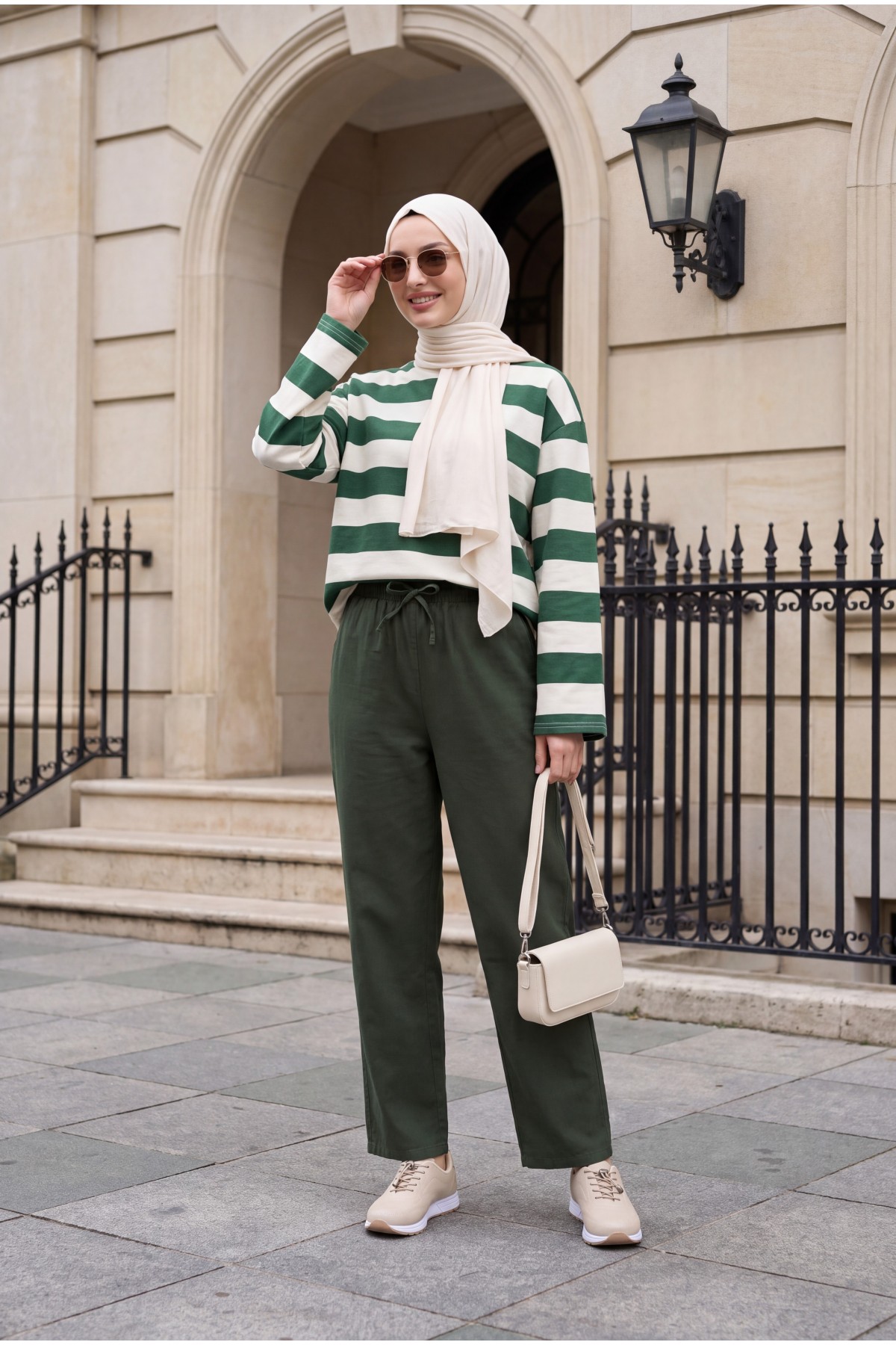 Crew Neck Thick-Striped Sweatshirt -Emerald