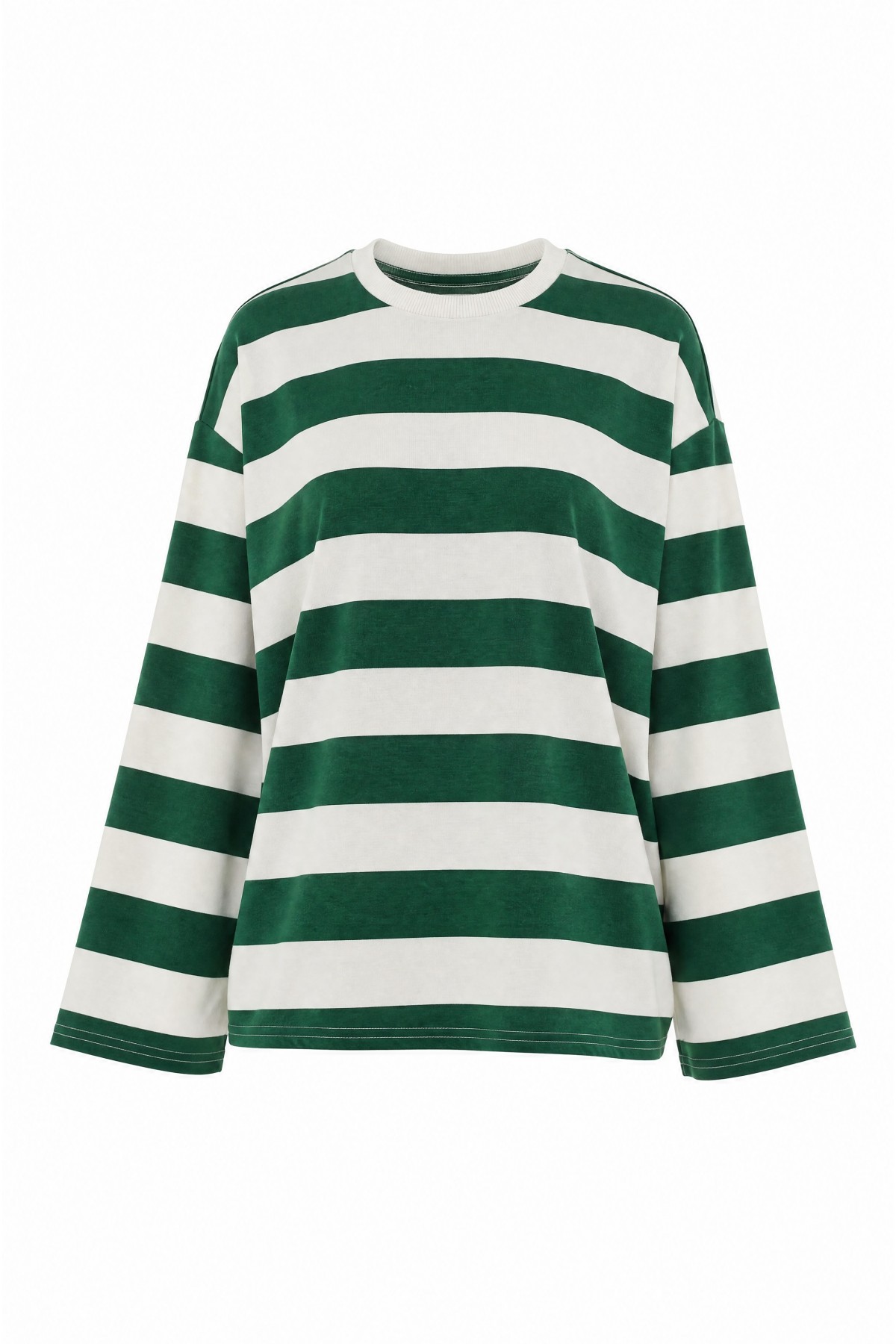 Crew Neck Thick-Striped Sweatshirt -Emerald