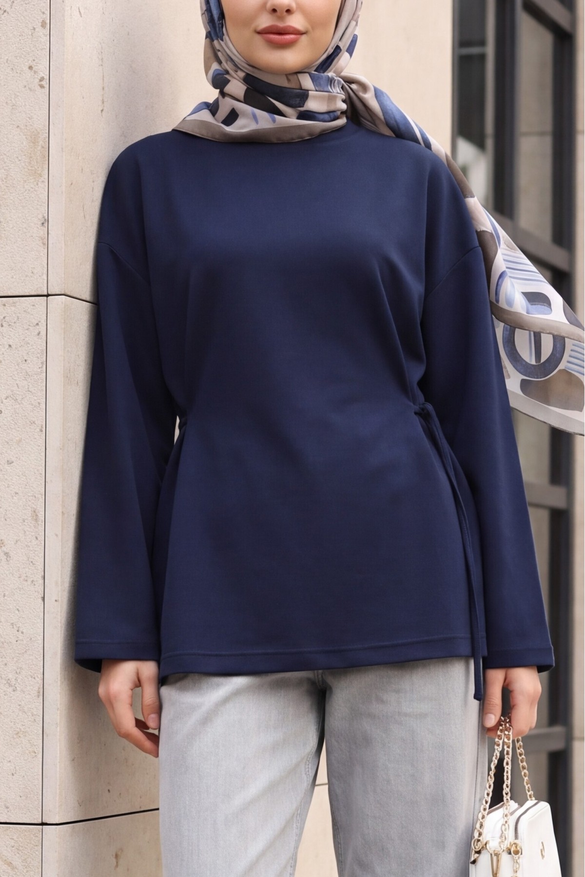 Lycra-Blend Poly-Viscose Sweatshirt with Drawstring Waist Detail -Navy blue