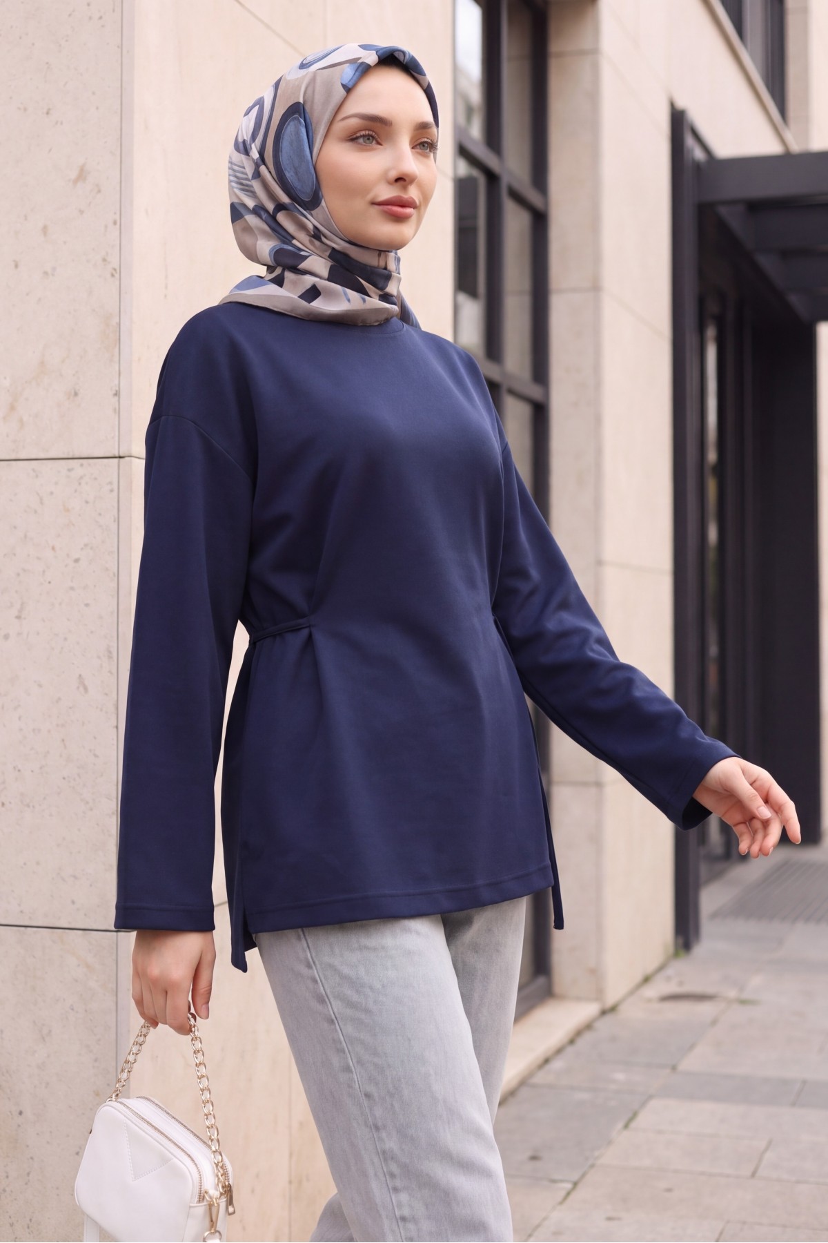 Lycra-Blend Poly-Viscose Sweatshirt with Drawstring Waist Detail -Navy blue