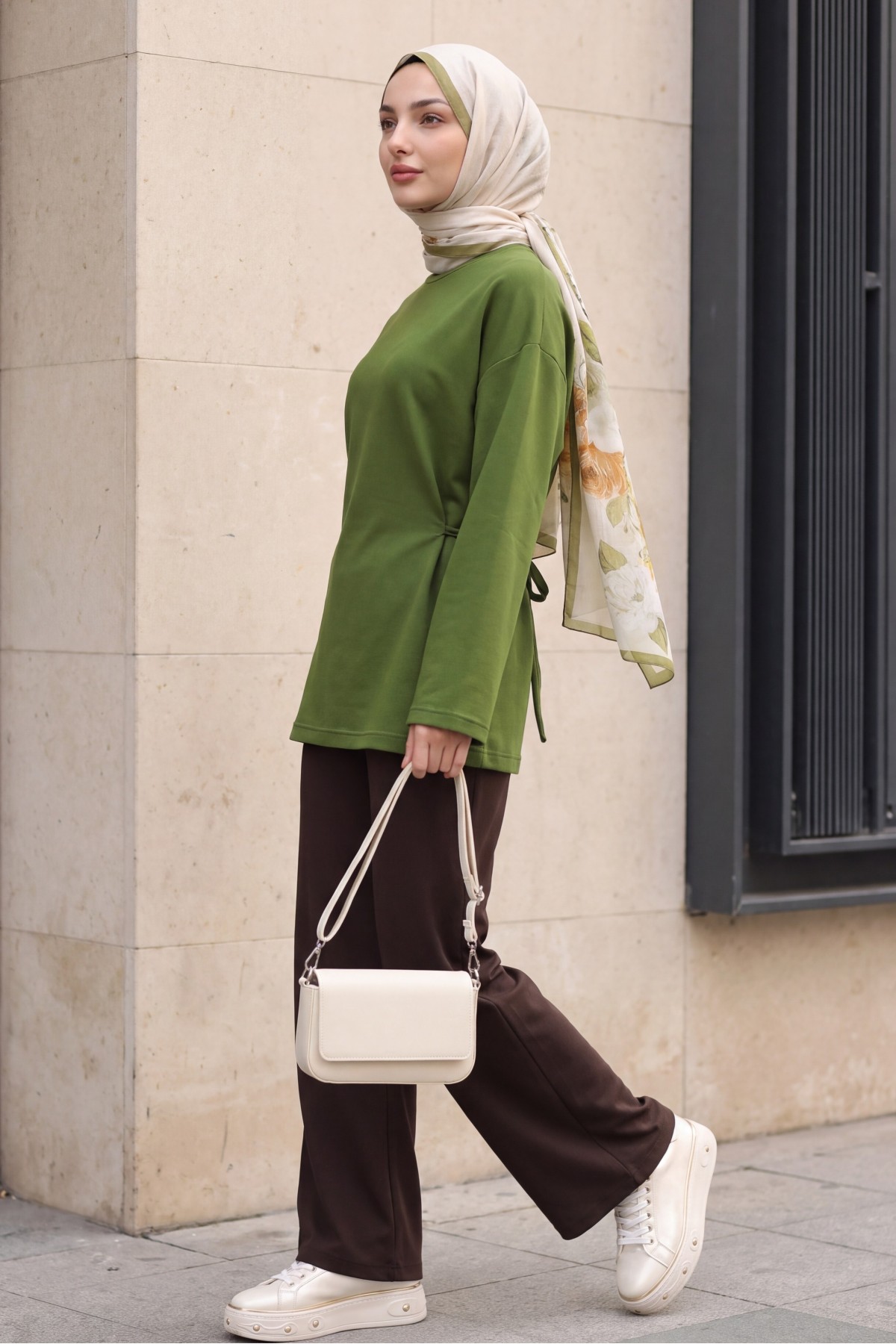 Lycra-Blend Poly-Viscose Sweatshirt with Drawstring Waist Detail -Khaki