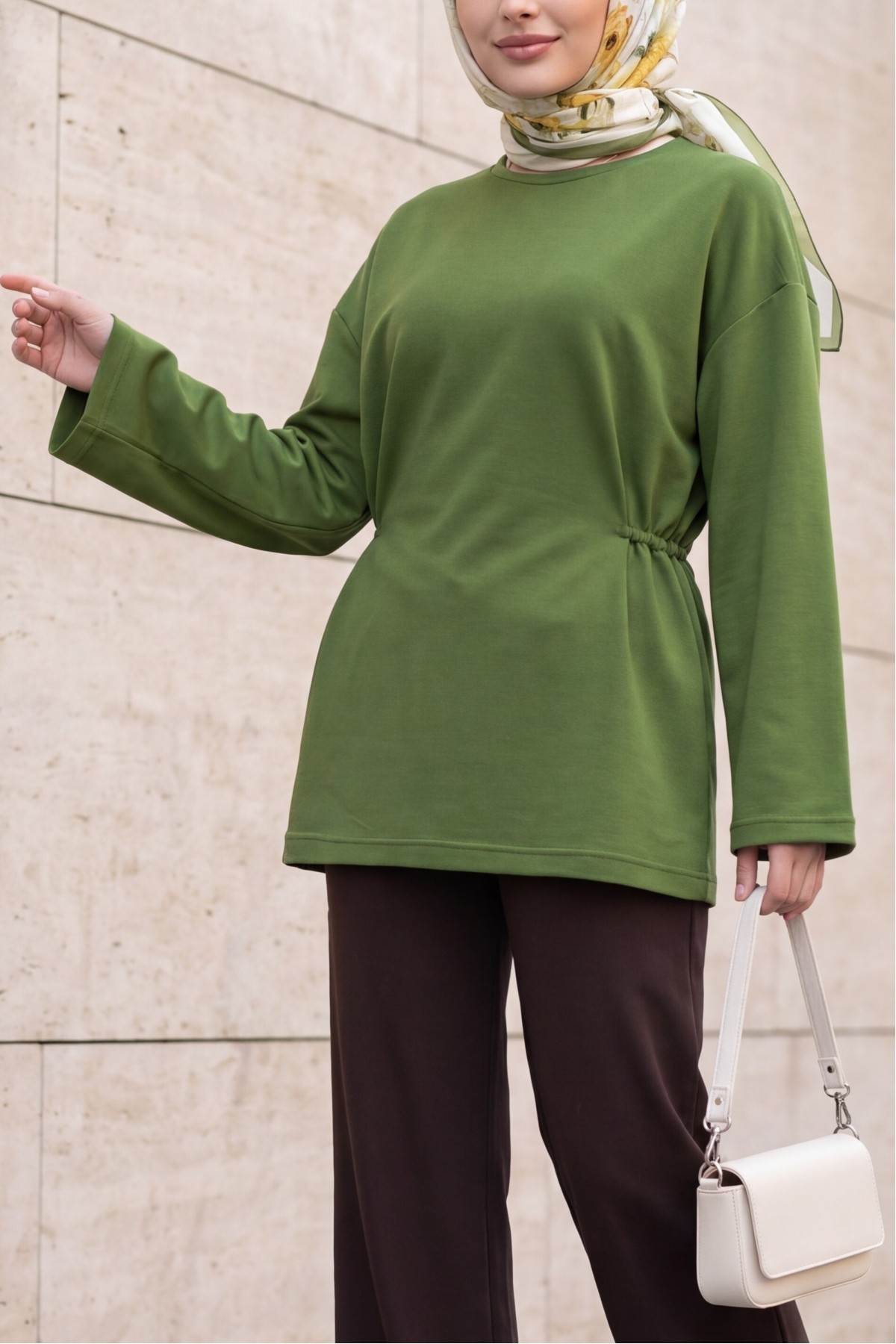 Lycra-Blend Poly-Viscose Sweatshirt with Drawstring Waist Detail -Khaki
