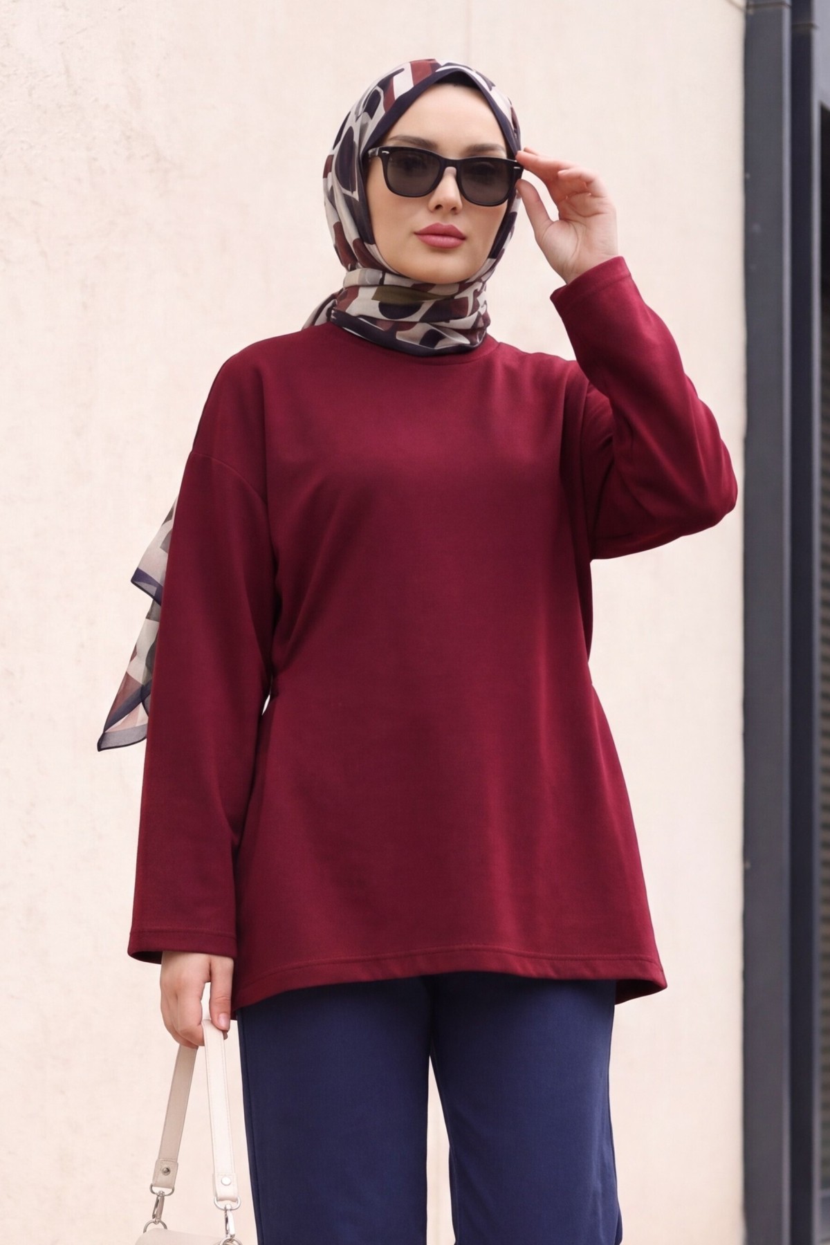 Lycra-Blend Poly-Viscose Sweatshirt with Drawstring Waist Detail -Damson