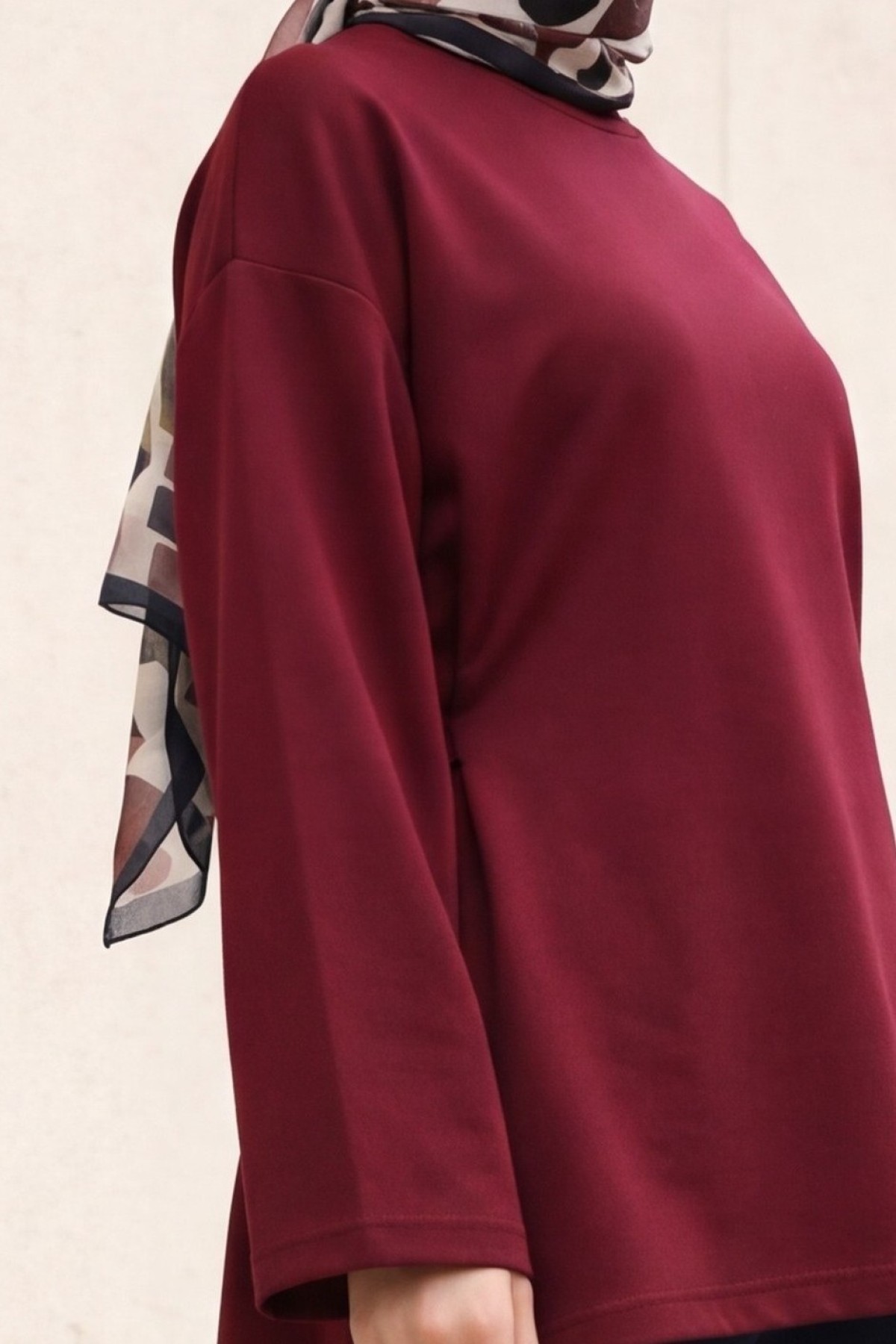 Lycra-Blend Poly-Viscose Sweatshirt with Drawstring Waist Detail -Damson