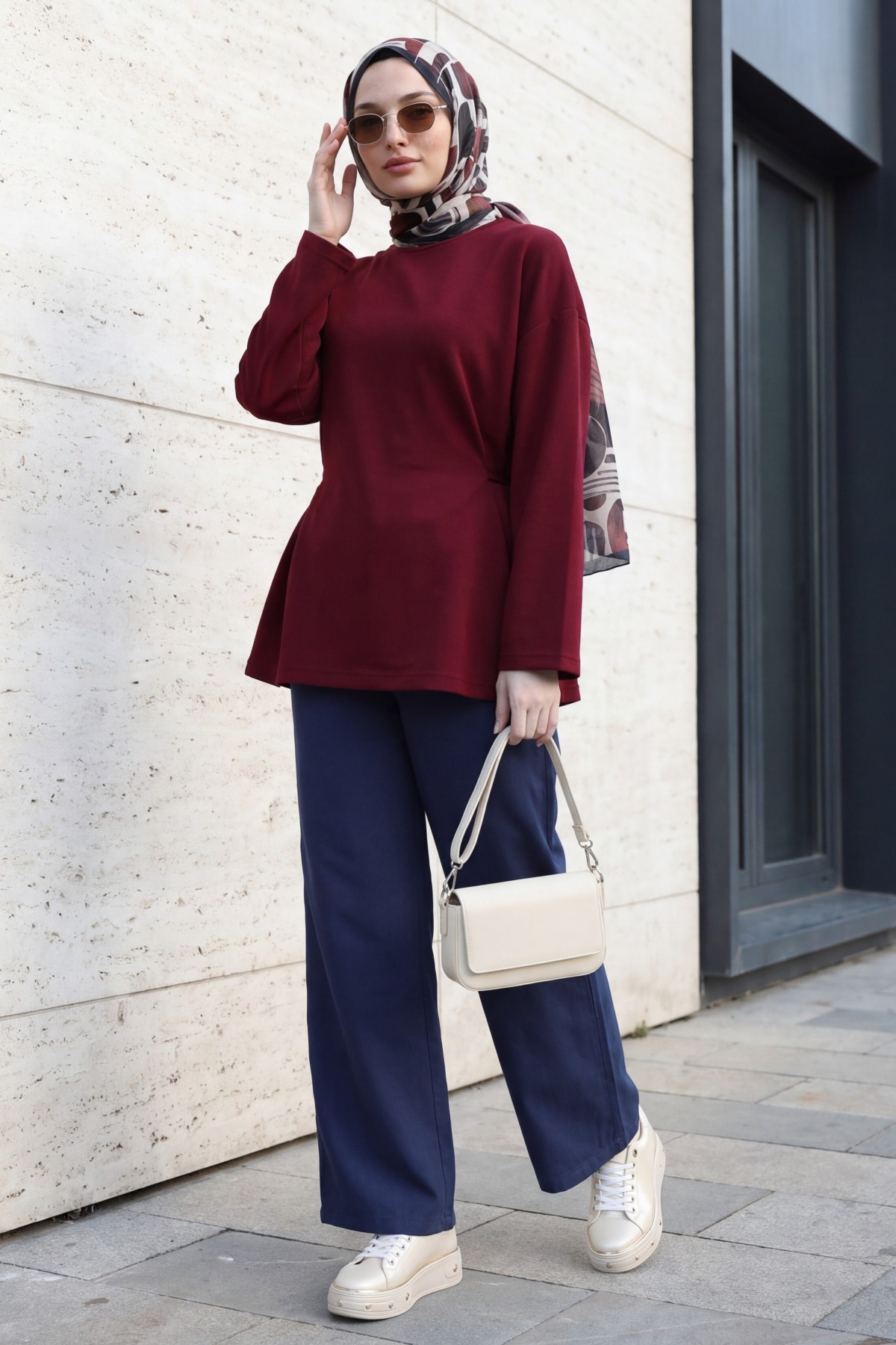 Lycra-Blend Poly-Viscose Sweatshirt with Drawstring Waist Detail -Damson