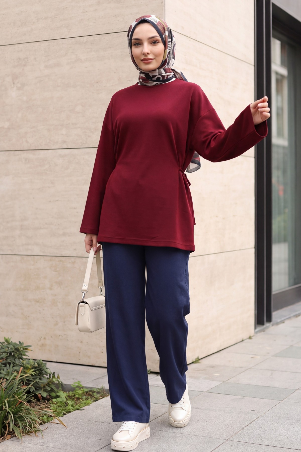Lycra-Blend Poly-Viscose Sweatshirt with Drawstring Waist Detail -Damson