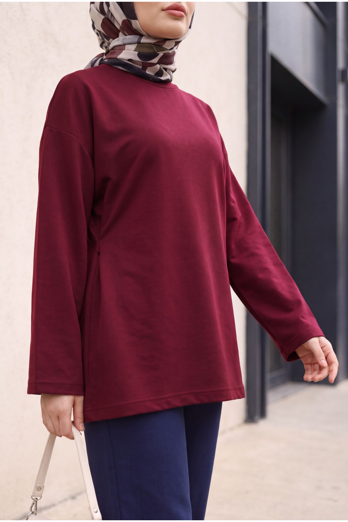 Lycra-Blend Poly-Viscose Sweatshirt with Drawstring Waist Detail -Damson