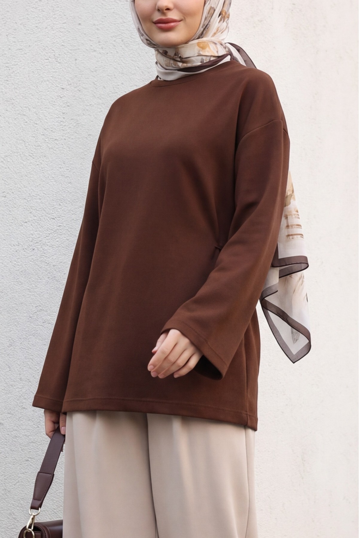 Lycra-Blend Poly-Viscose Sweatshirt with Drawstring Waist Detail -Brown