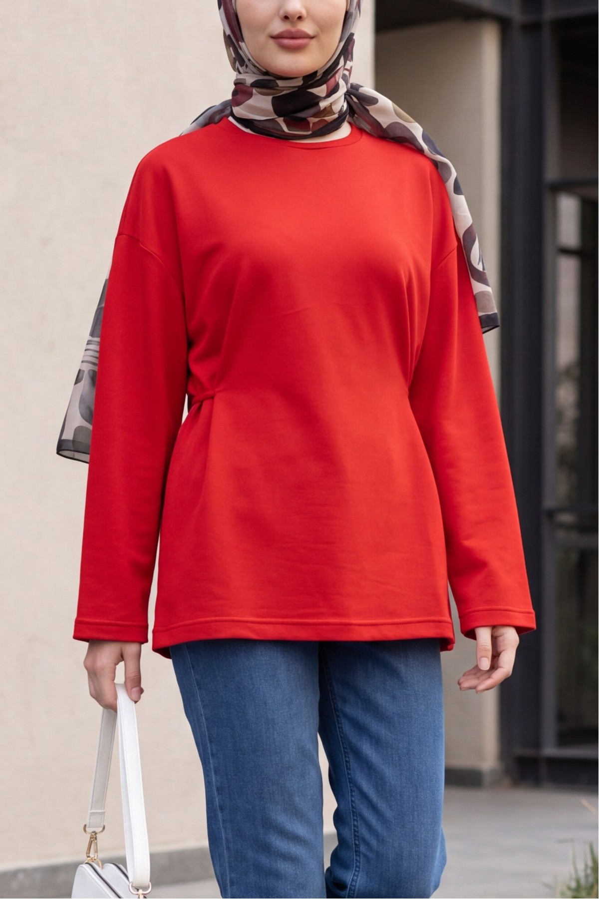 Lycra-Blend Poly-Viscose Sweatshirt with Drawstring Waist Detail -Red