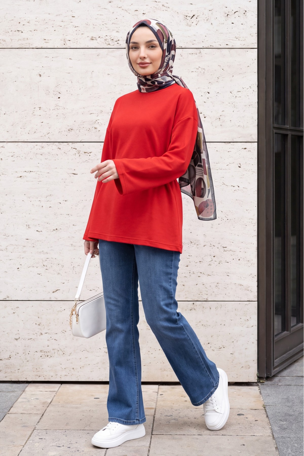 Lycra-Blend Poly-Viscose Sweatshirt with Drawstring Waist Detail -Red