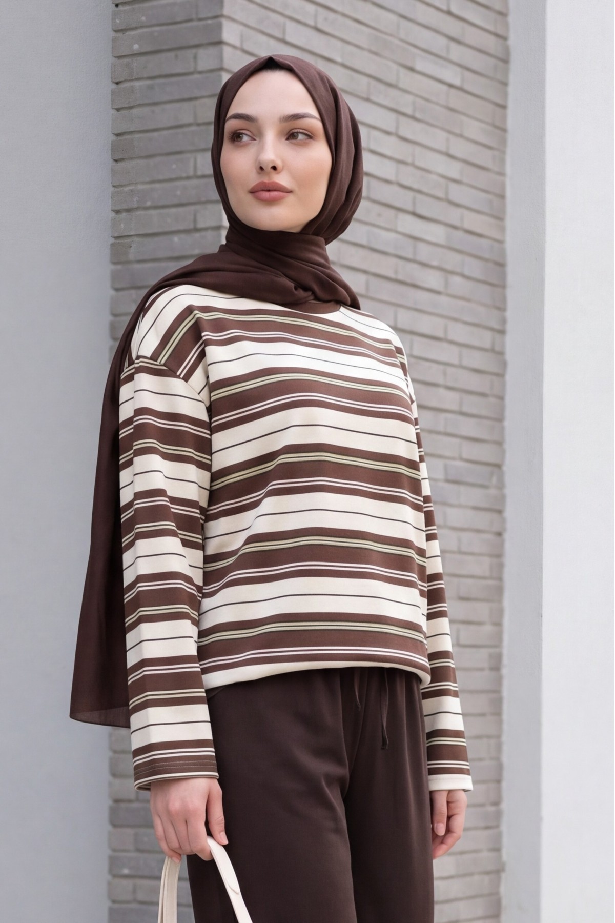 Crew Neck Striped Drop-Shoulder Jersey Sweatshirt -Brown