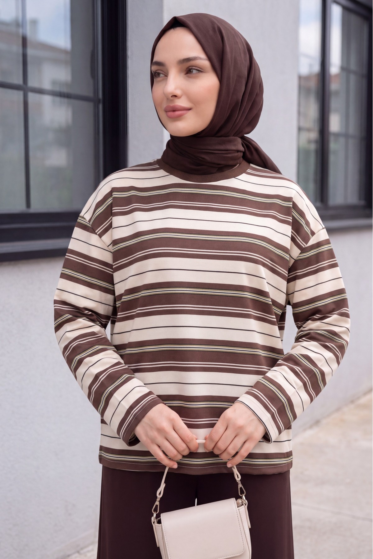 Crew Neck Striped Drop-Shoulder Jersey Sweatshirt -Brown