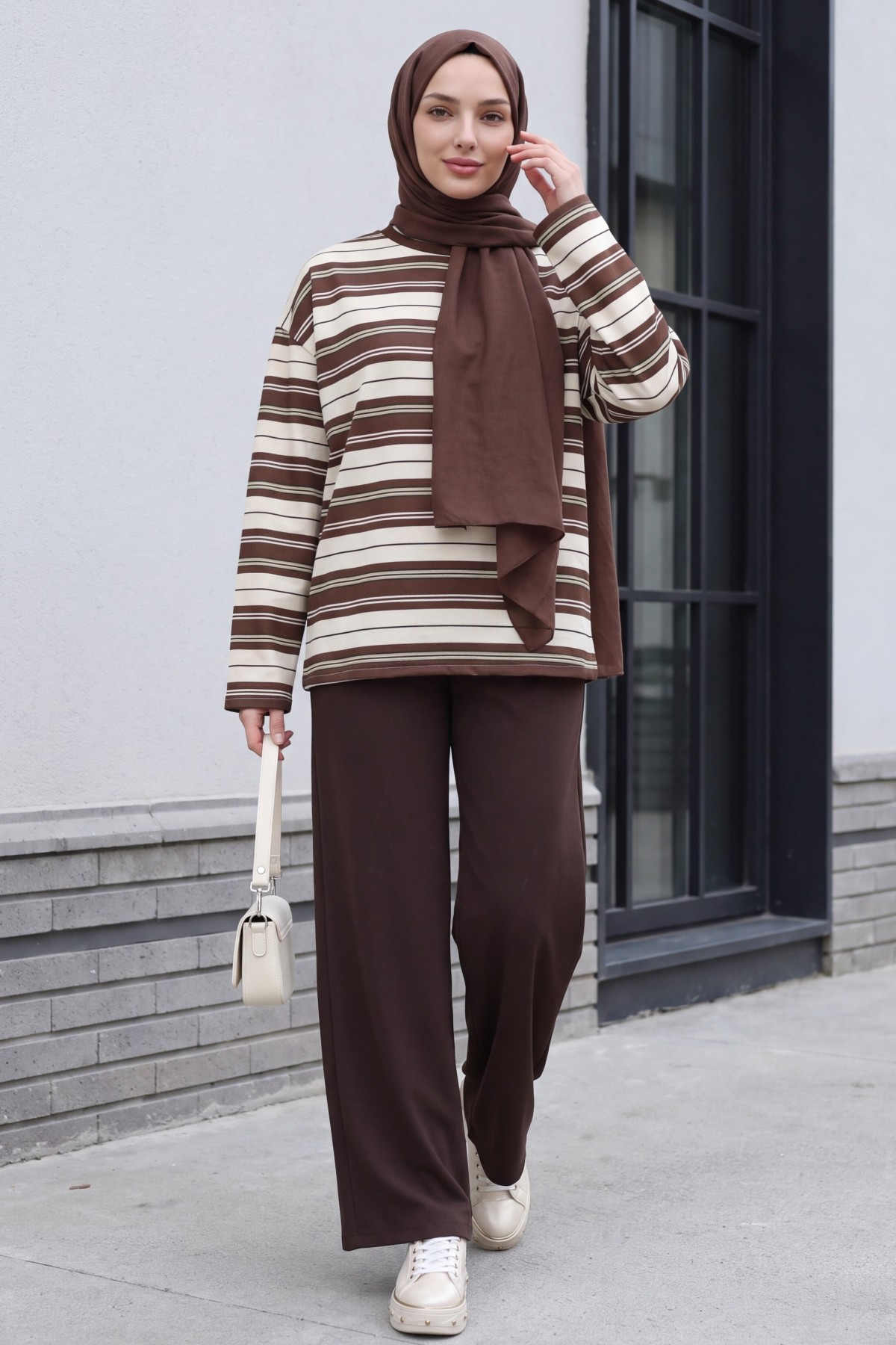 Crew Neck Striped Drop-Shoulder Jersey Sweatshirt -Brown