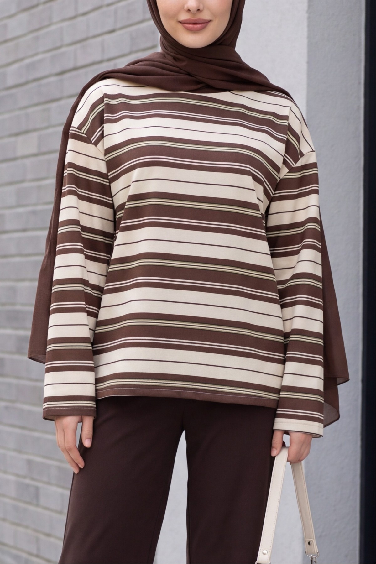 Crew Neck Striped Drop-Shoulder Jersey Sweatshirt -Brown