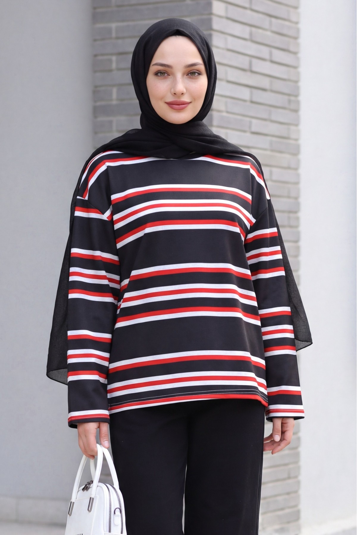Crew Neck Thick-Striped Relaxed-Fit Jersey Sweatshirt -Black