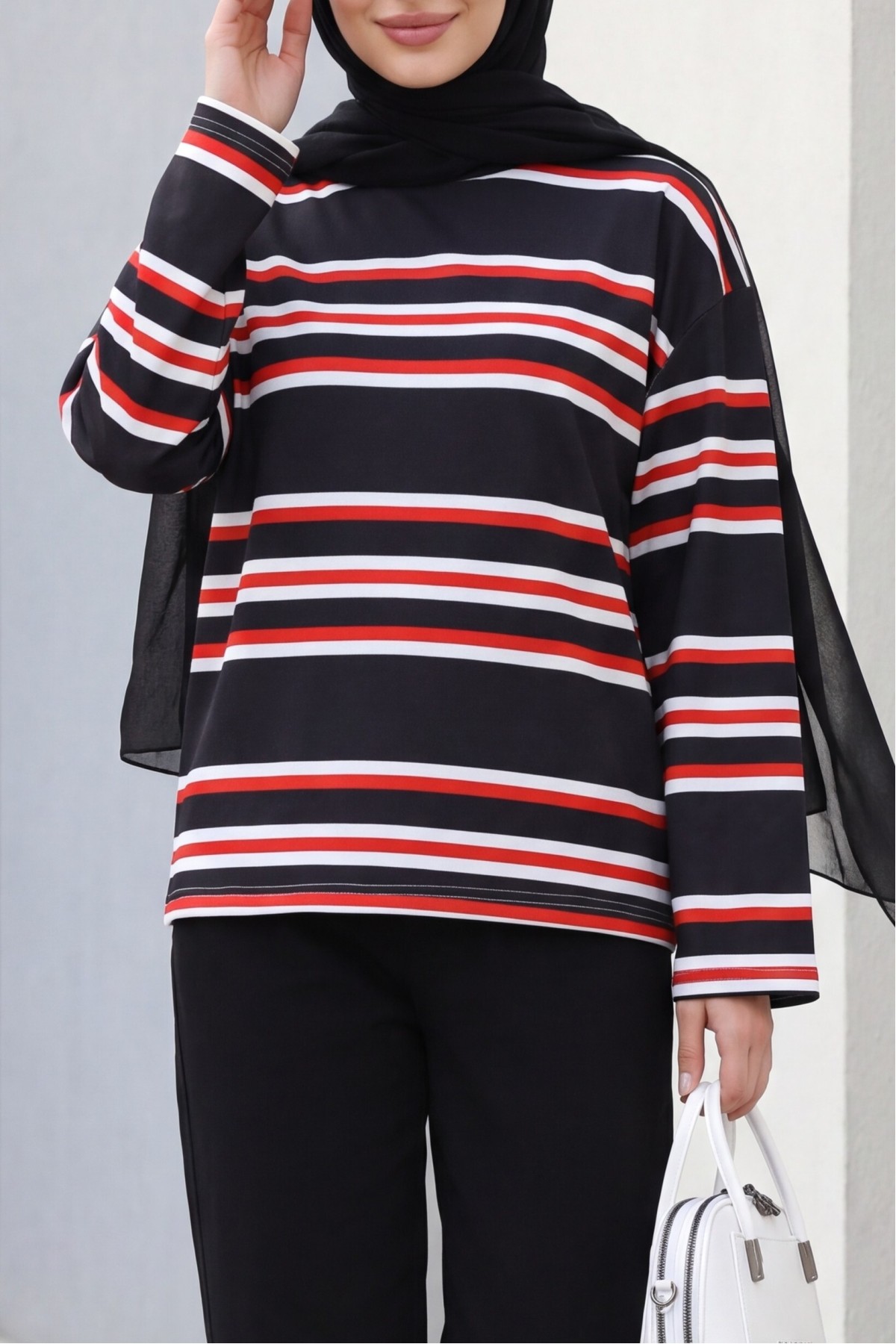 Crew Neck Thick-Striped Relaxed-Fit Jersey Sweatshirt -Black