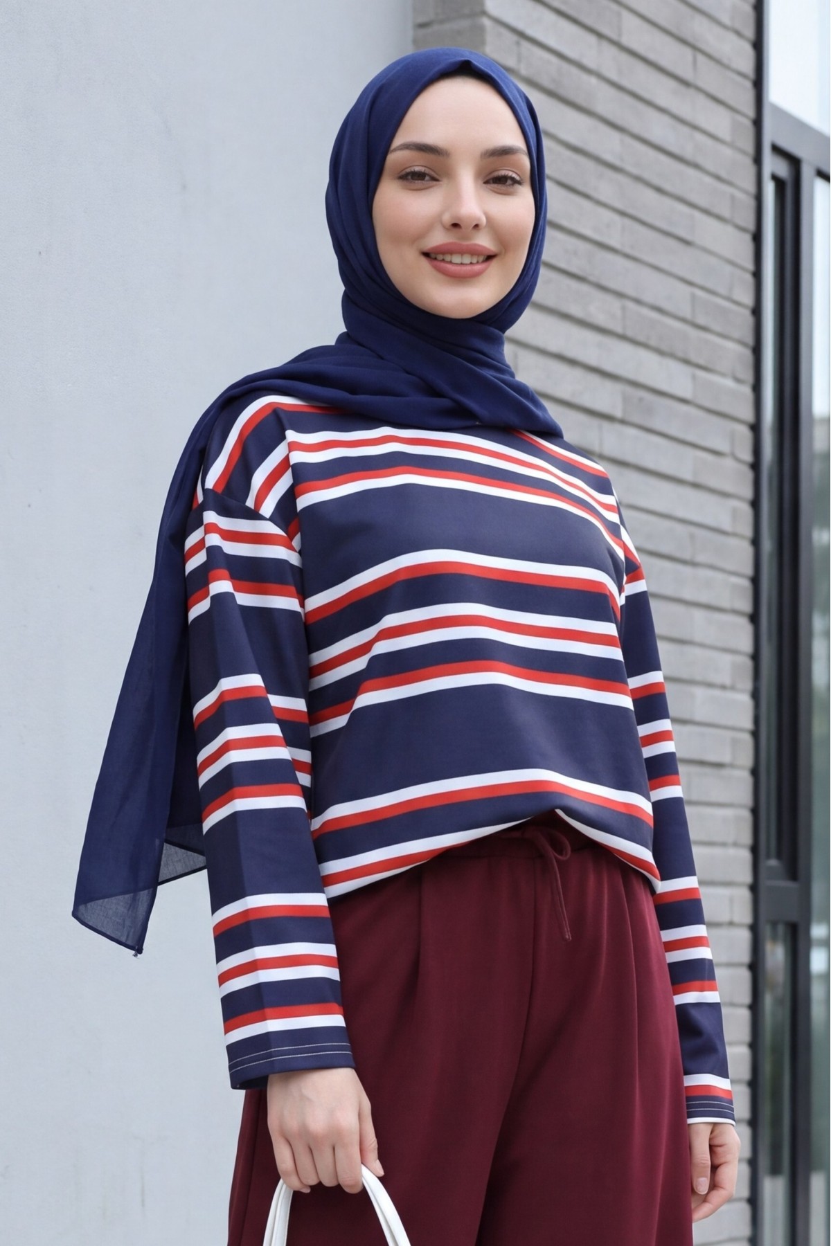 Crew Neck Thick-Striped Relaxed-Fit Jersey Sweatshirt -Navy blue