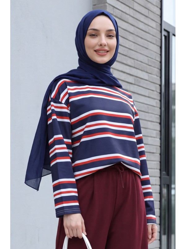 Crew Neck Thick-Striped Relaxed-Fit Jersey Sweatshirt -Navy blue