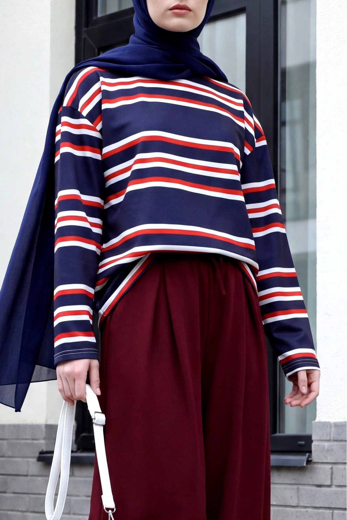 Crew Neck Thick-Striped Relaxed-Fit Jersey Sweatshirt -Navy blue